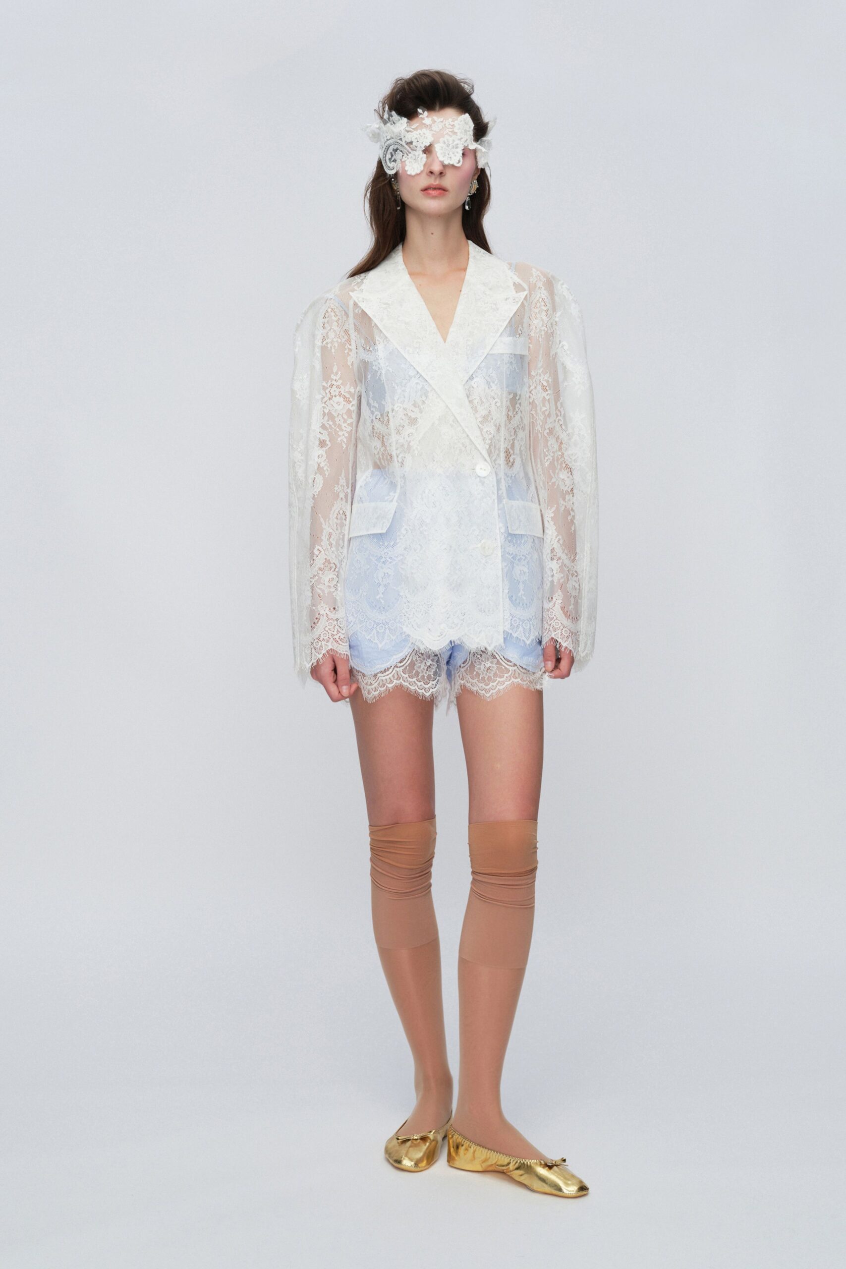 white lace long-sleeve collared fitted layered blazer