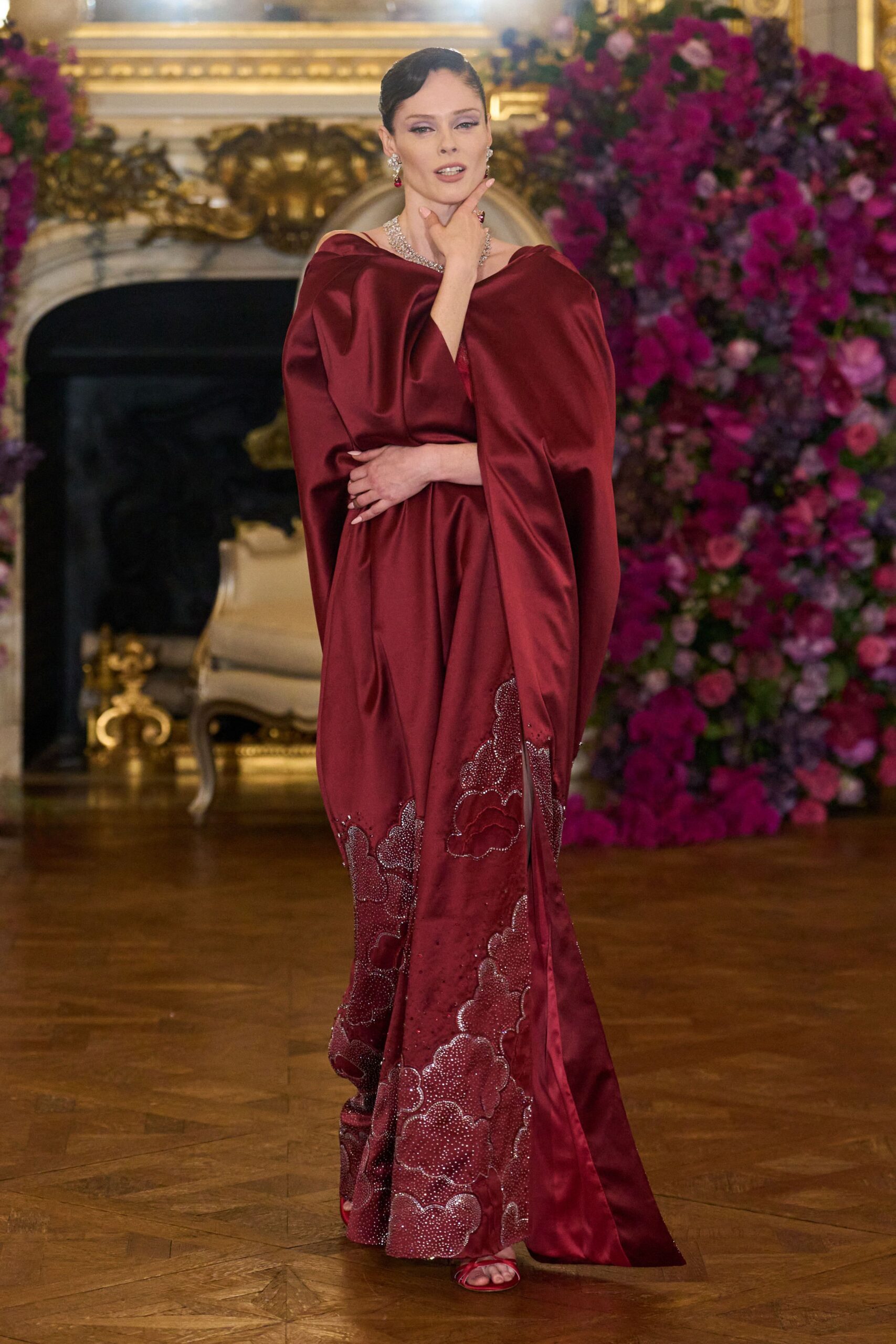 red silk long-sleeve high-neck fitted embroidered shiny gown