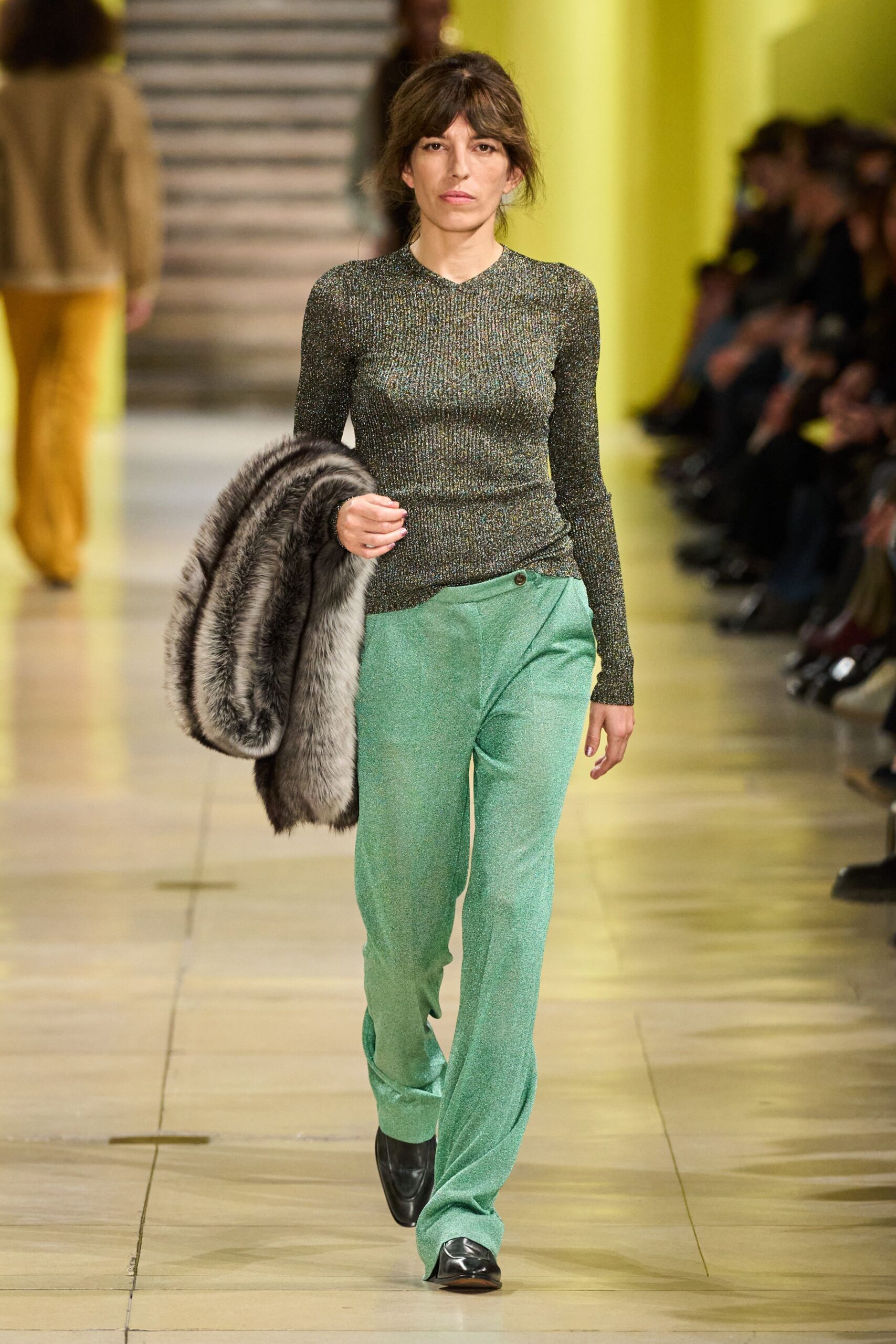 green silk long-sleeve v-neck fitted textured top