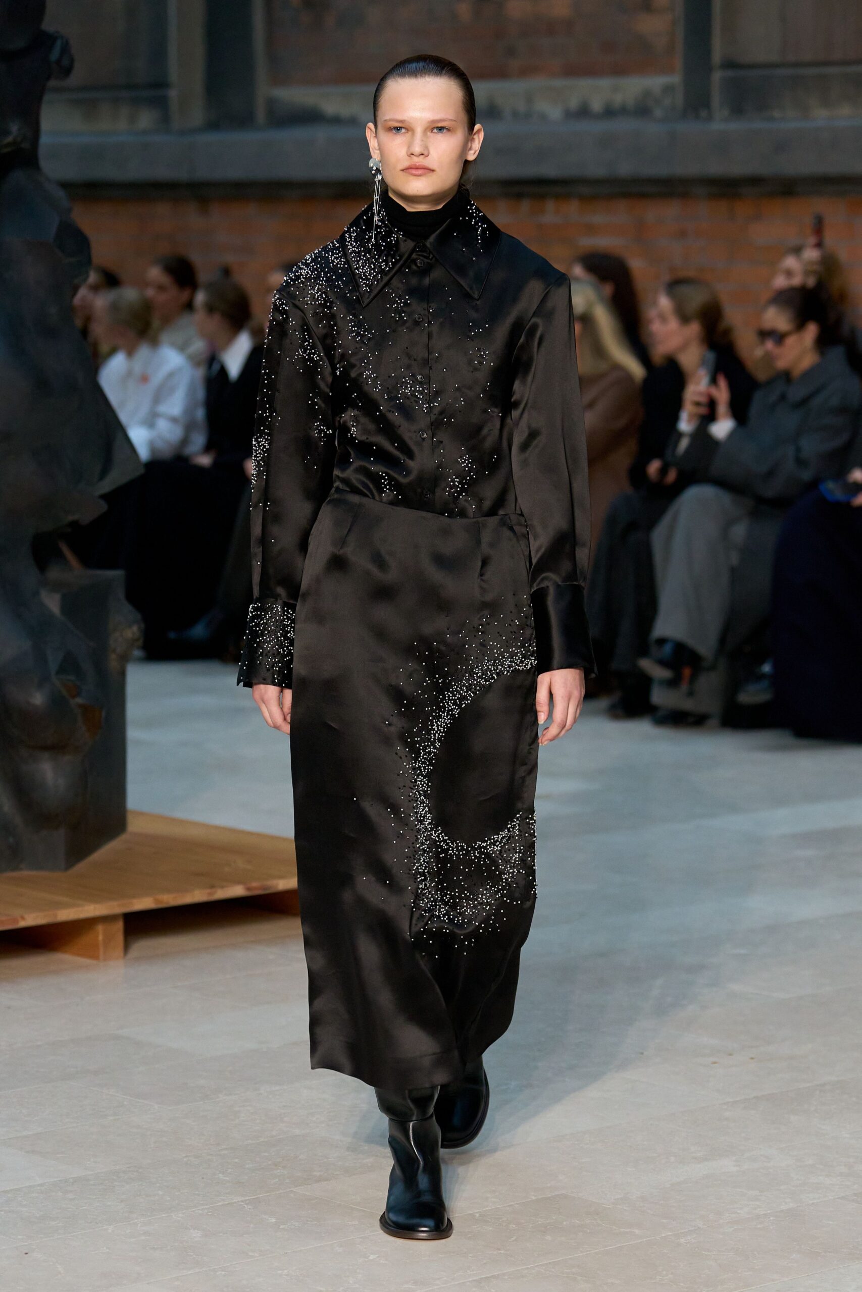 black silk long-sleeve collared fitted beaded midi dress