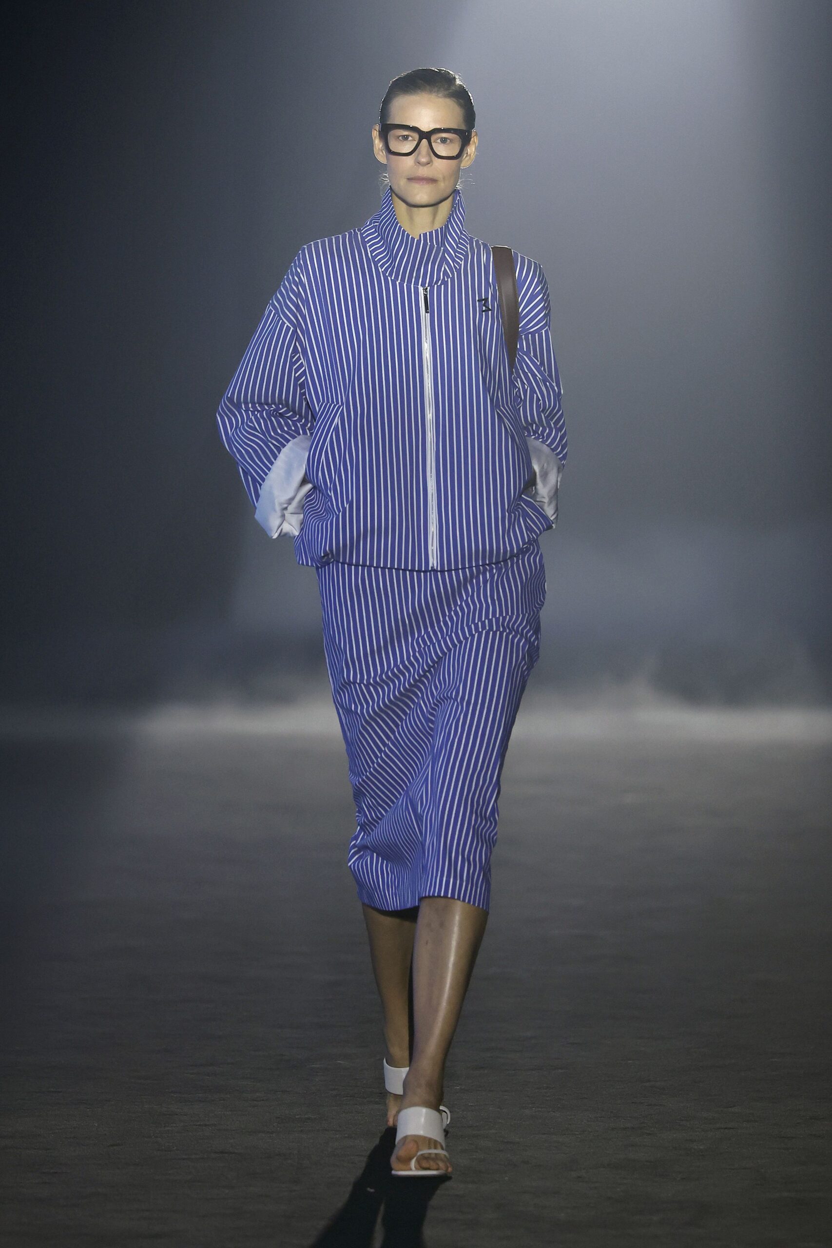 blue and white striped jacket and skirt