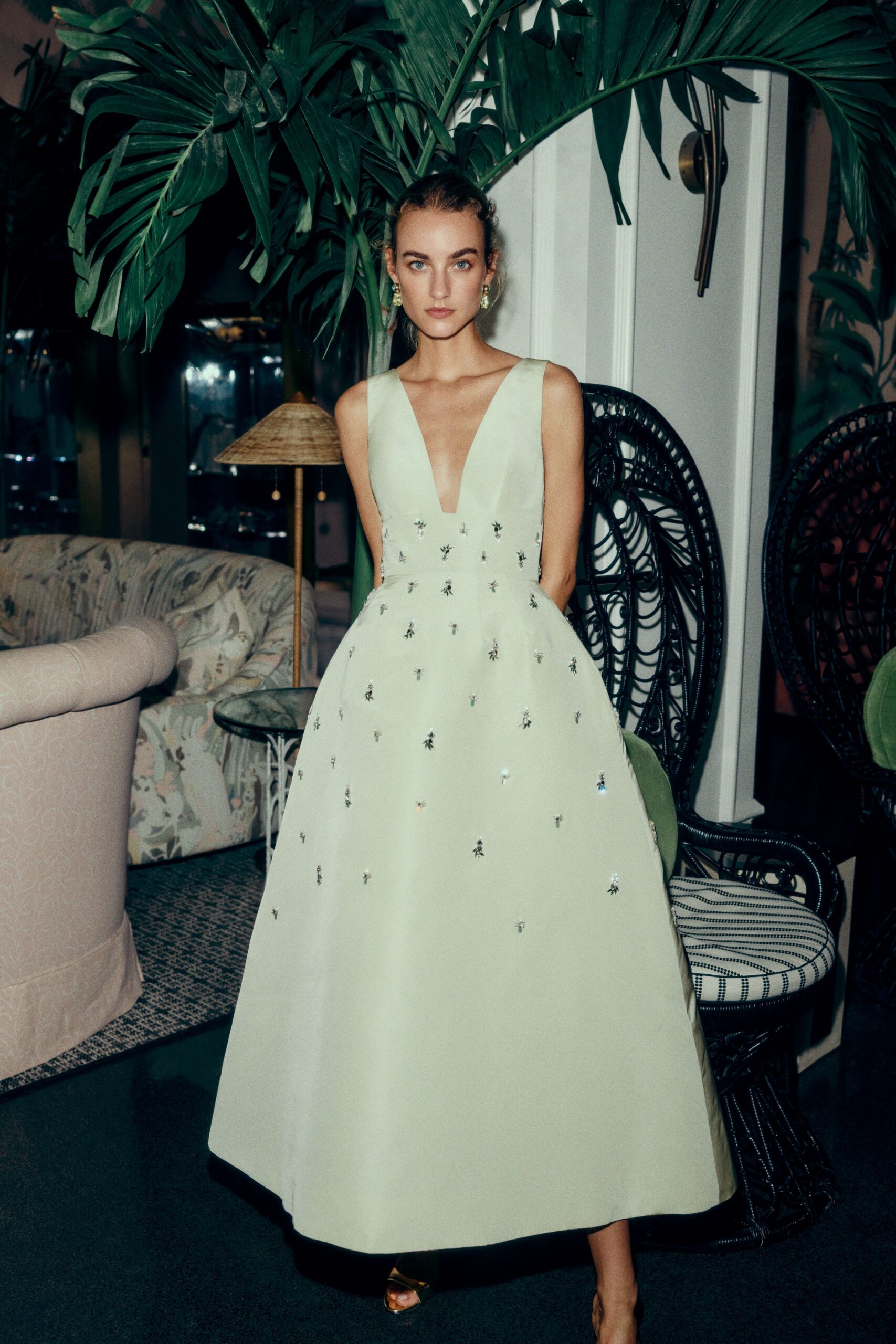 green silk sleeveless v-neck fitted embroidered maxi gown