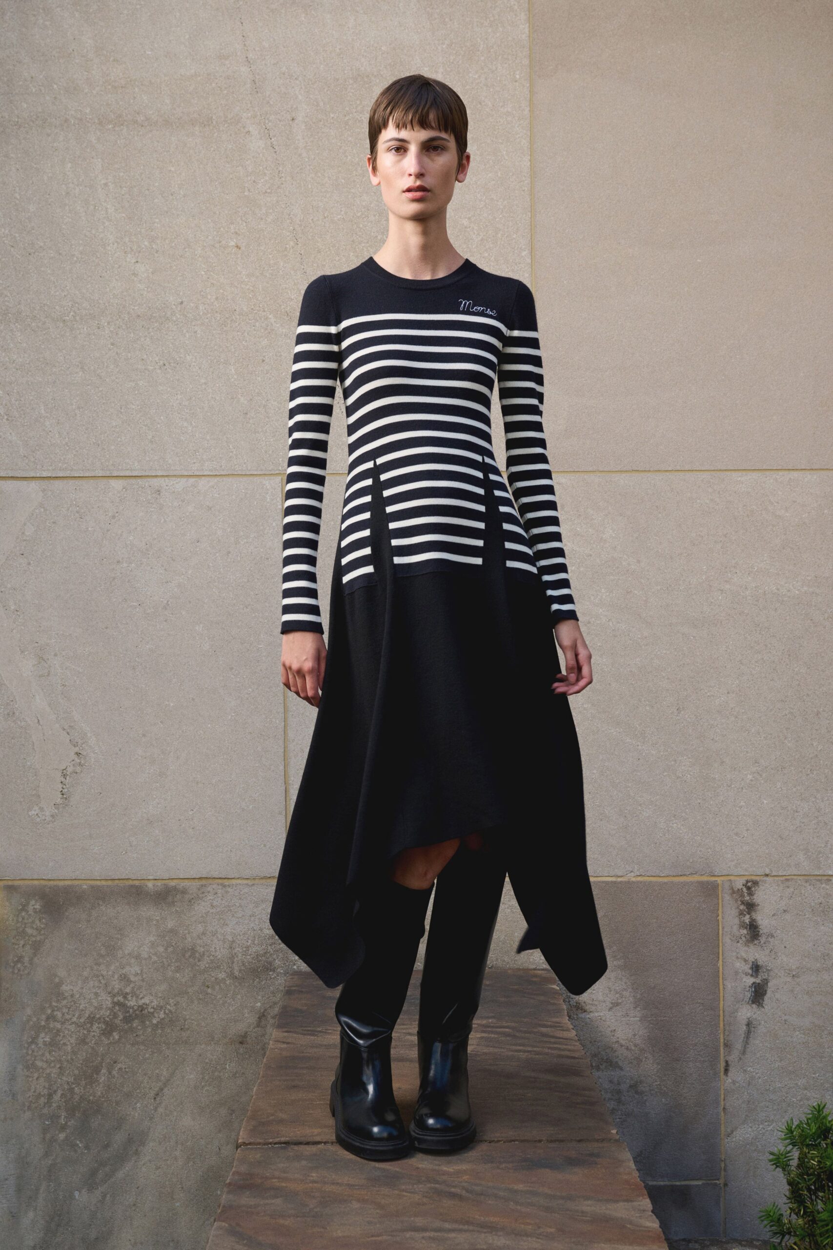 black and white striped midi dress with boots