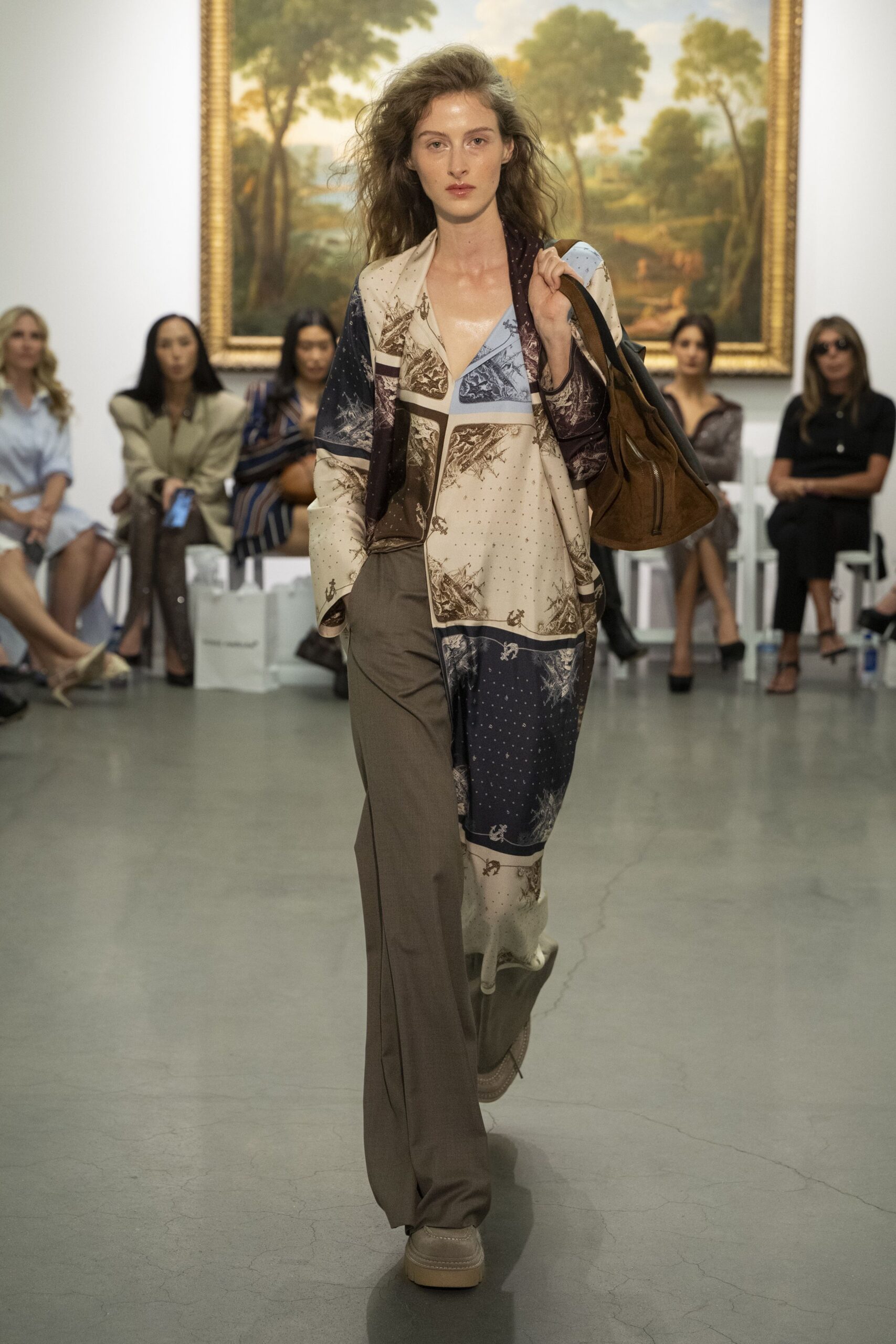 multi silk long-sleeve collared relaxed layered printed jacket