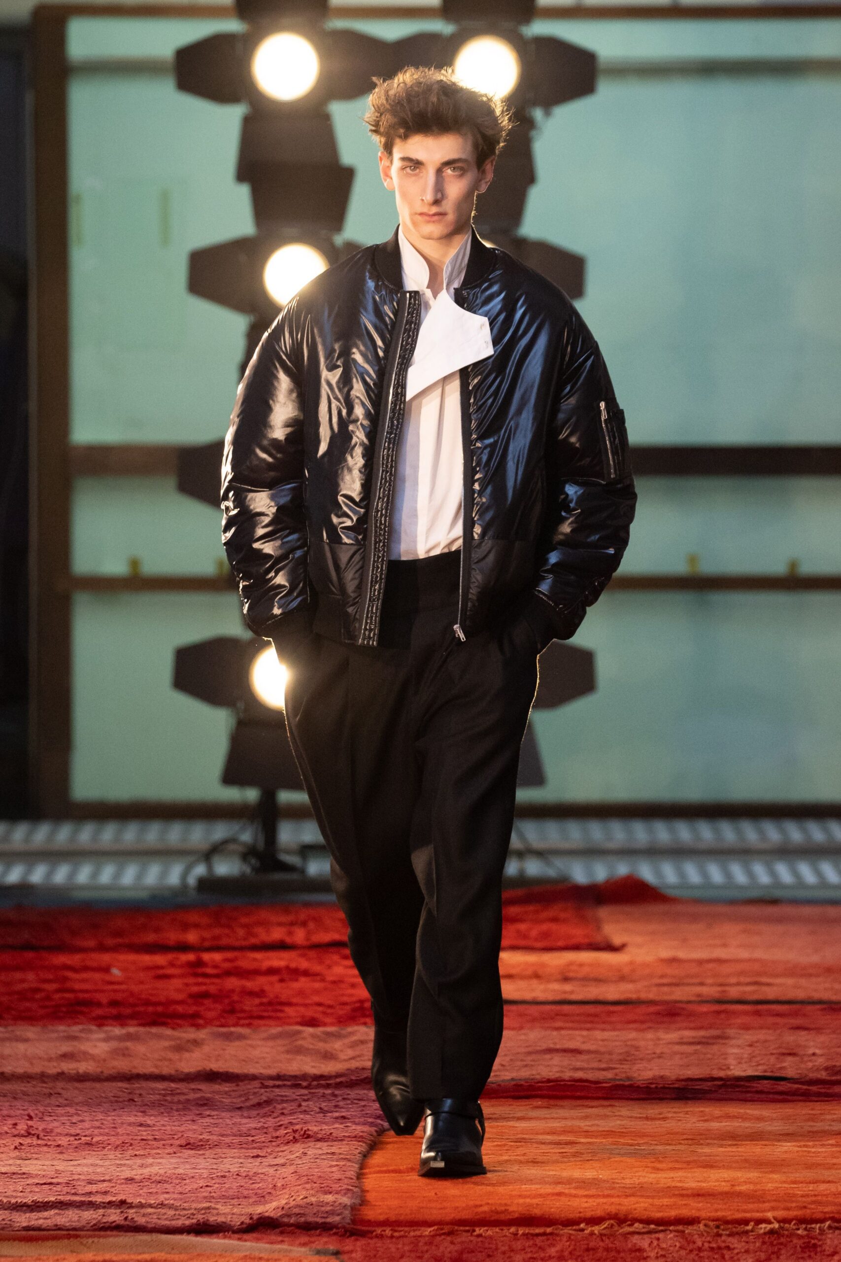 black vinyl long-sleeve collared fitted zippered jacket