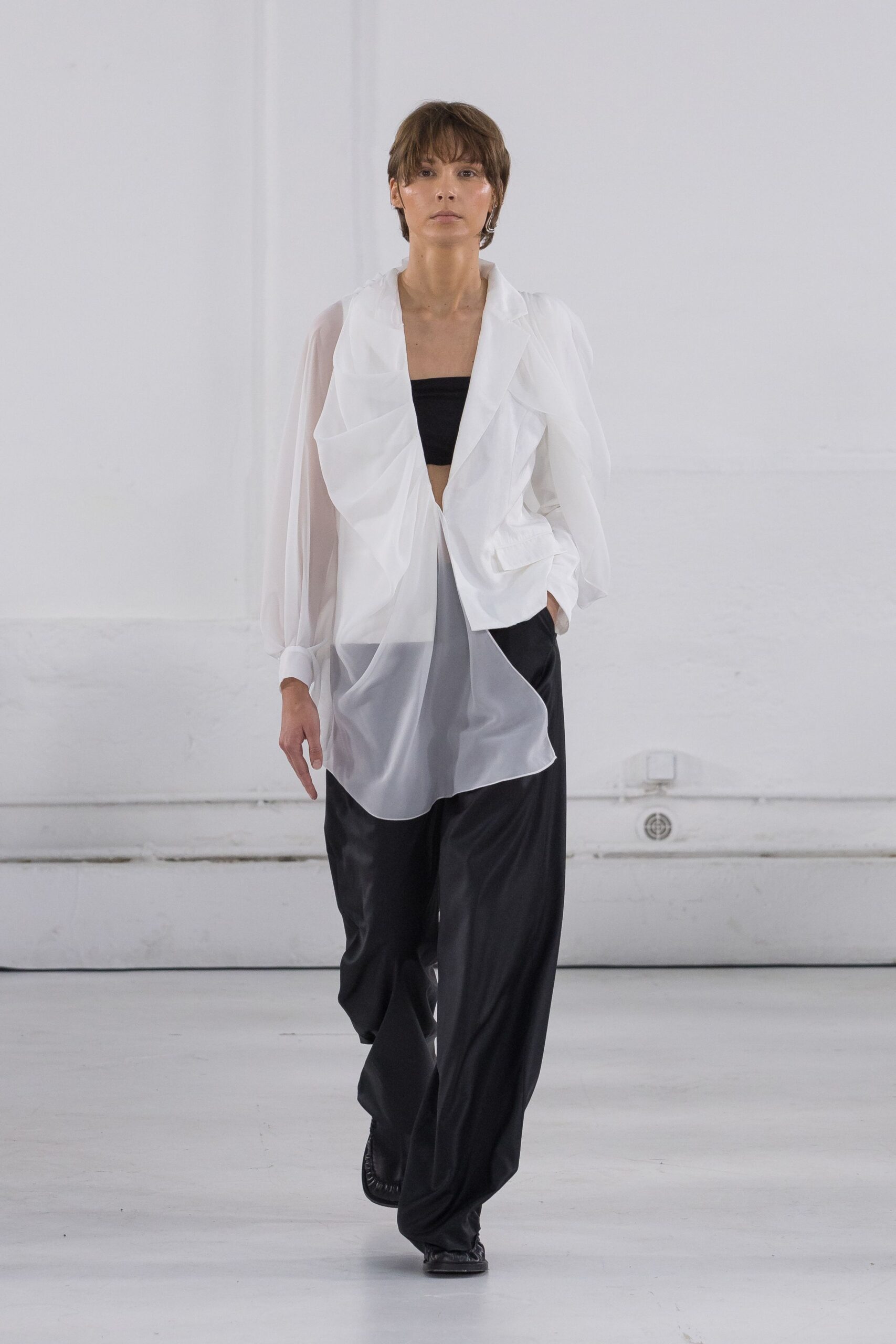white silk long-sleeve collared relaxed draped sheer blouse