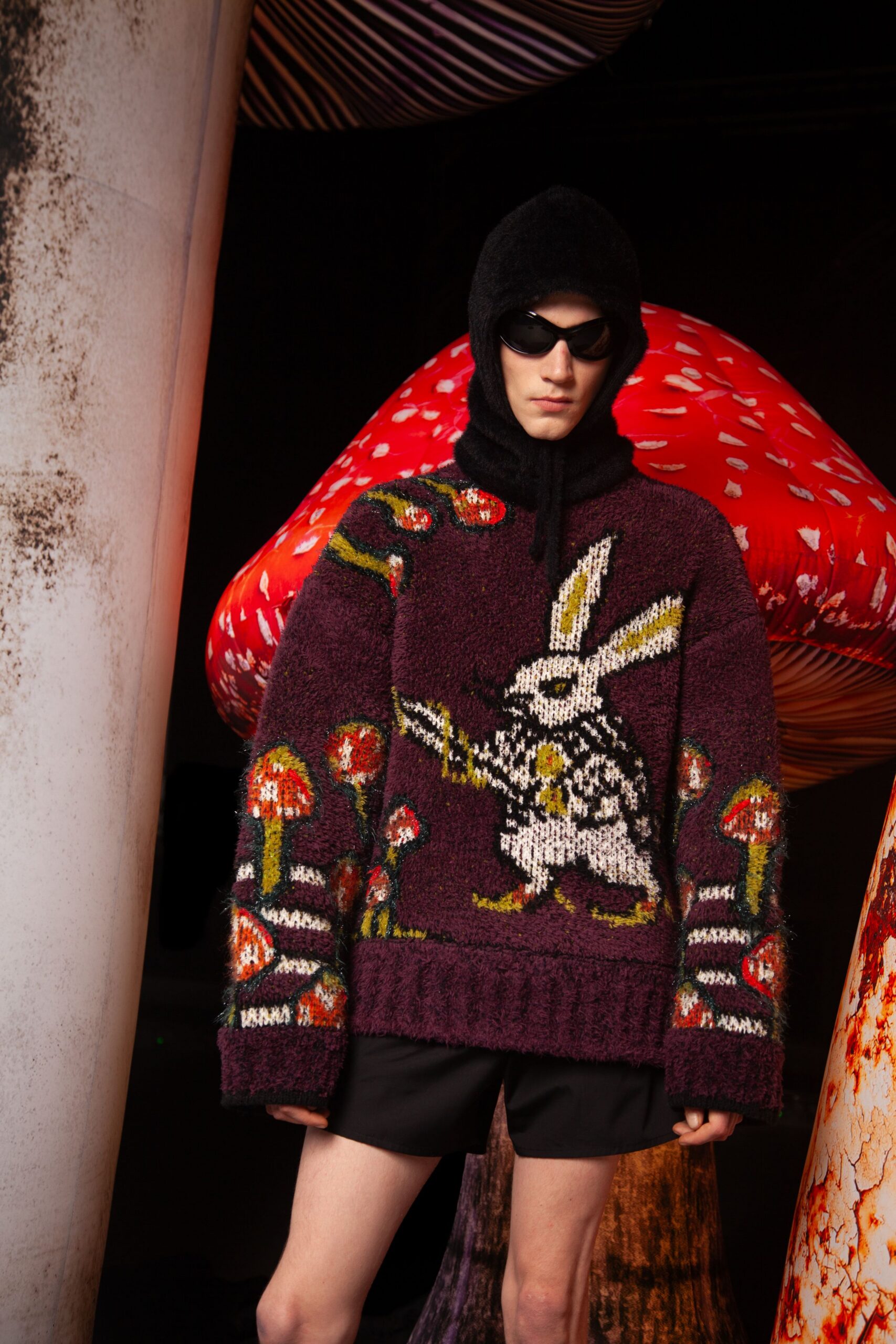 purple wool long-sleeve hooded relaxed embroidered sweater
