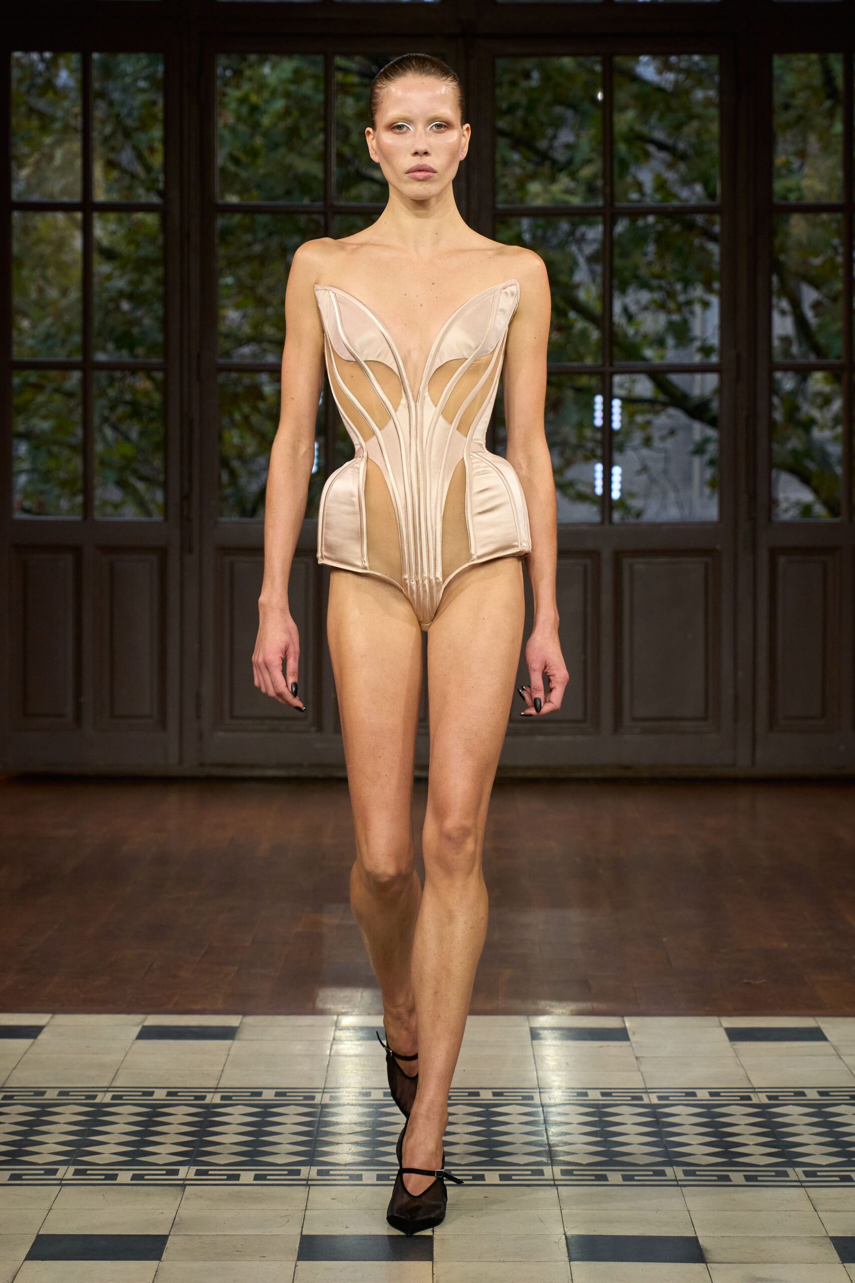 beige silk sleeveless v-neck fitted ruched bodysuit
