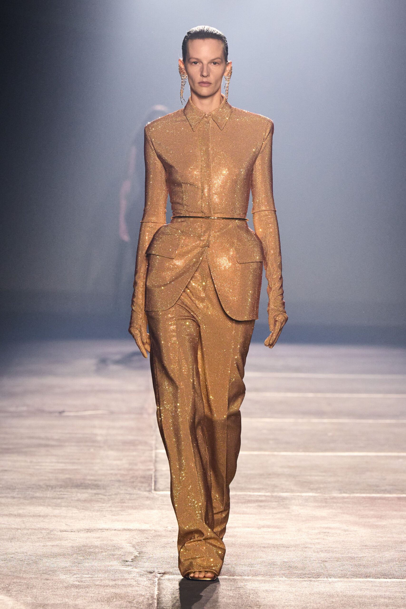 gold metallic long-sleeve collared tailored zippered shiny suit
