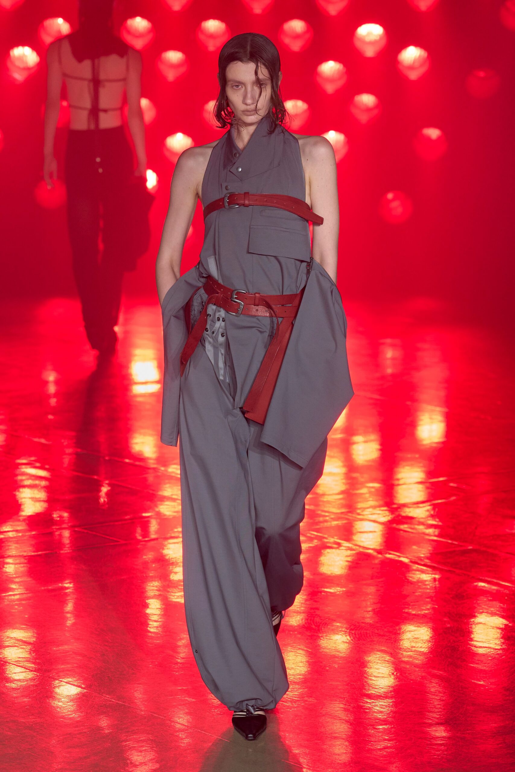 gray belted sleeveless jumpsuit