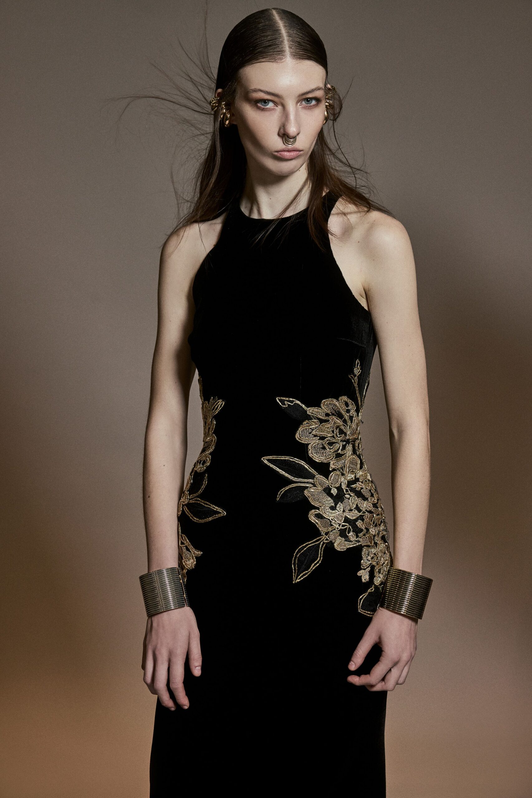black velvet sleeveless gown