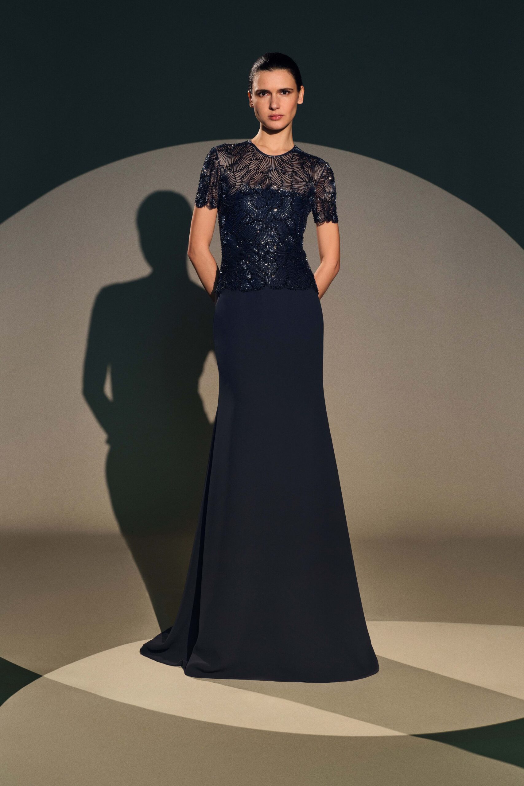 navy embroidered short-sleeve gown