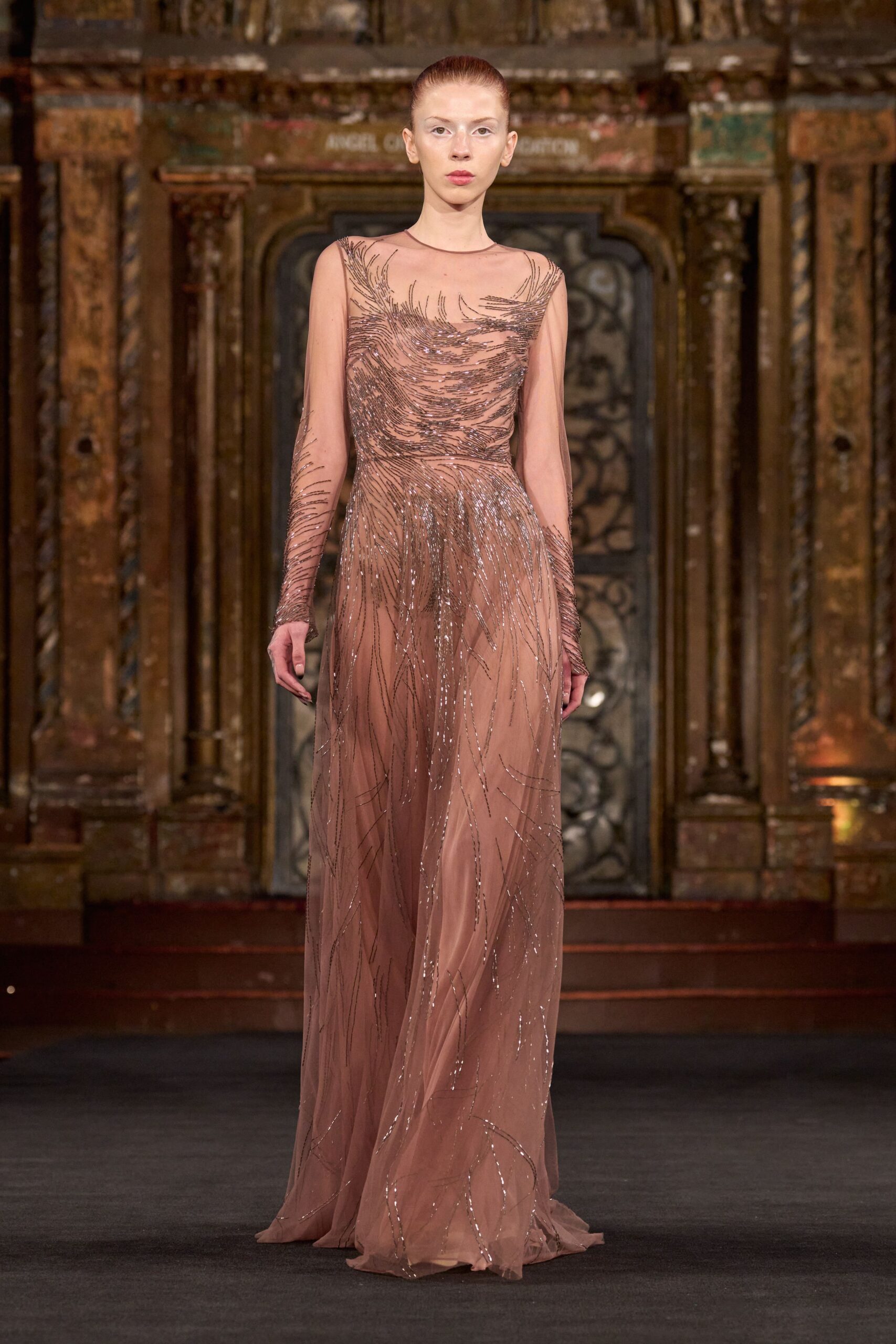 brown silk sleeveless gown