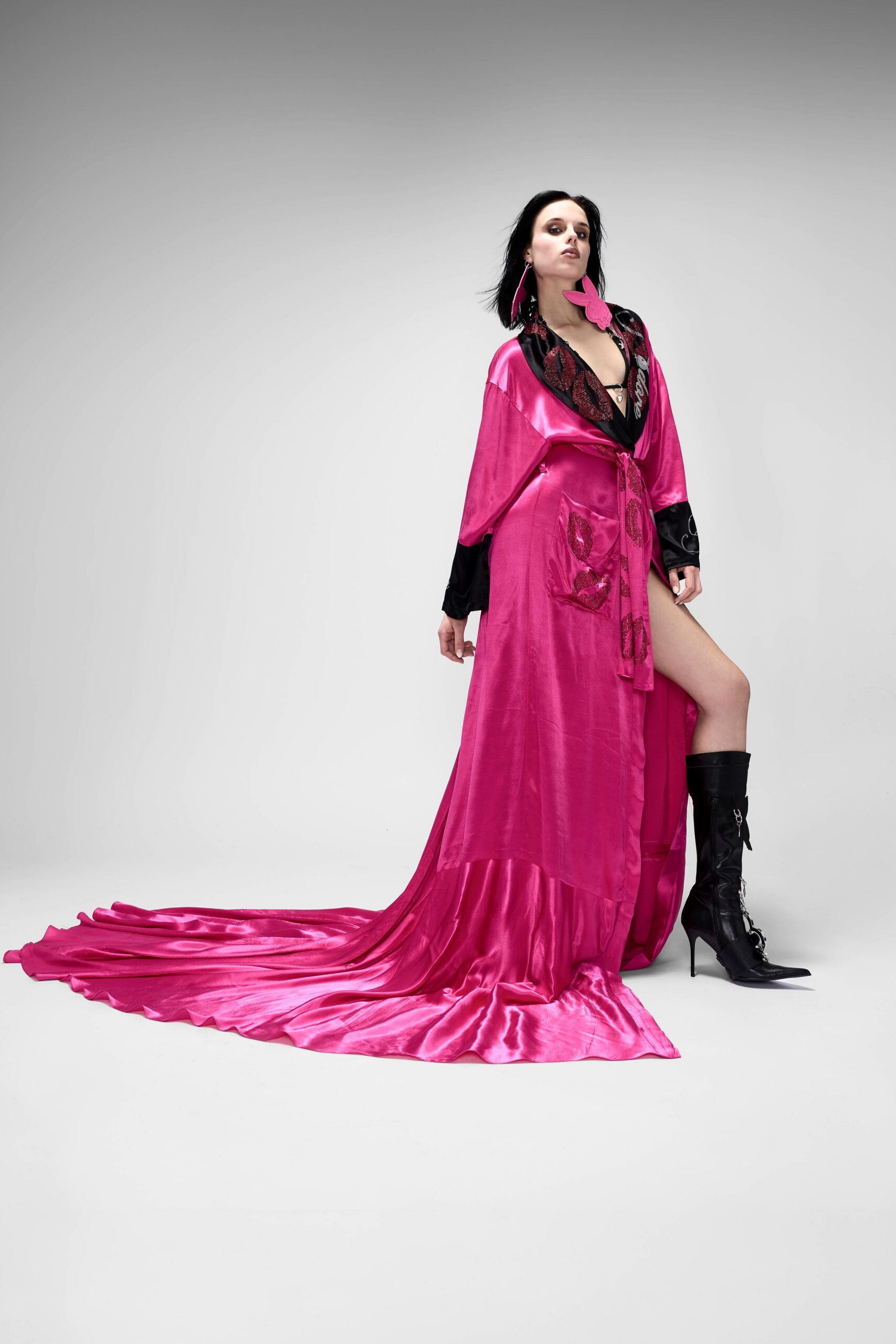 pink silk gown with black boots