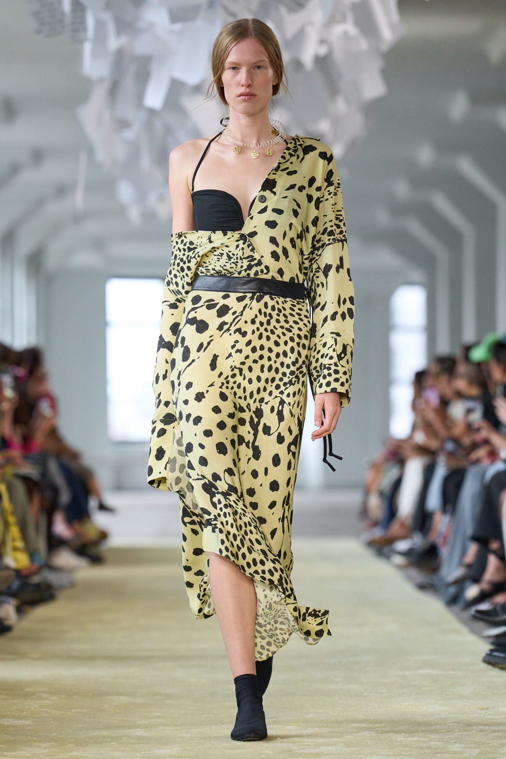 yellow silk sleeveless v-neck relaxed printed draped dress
