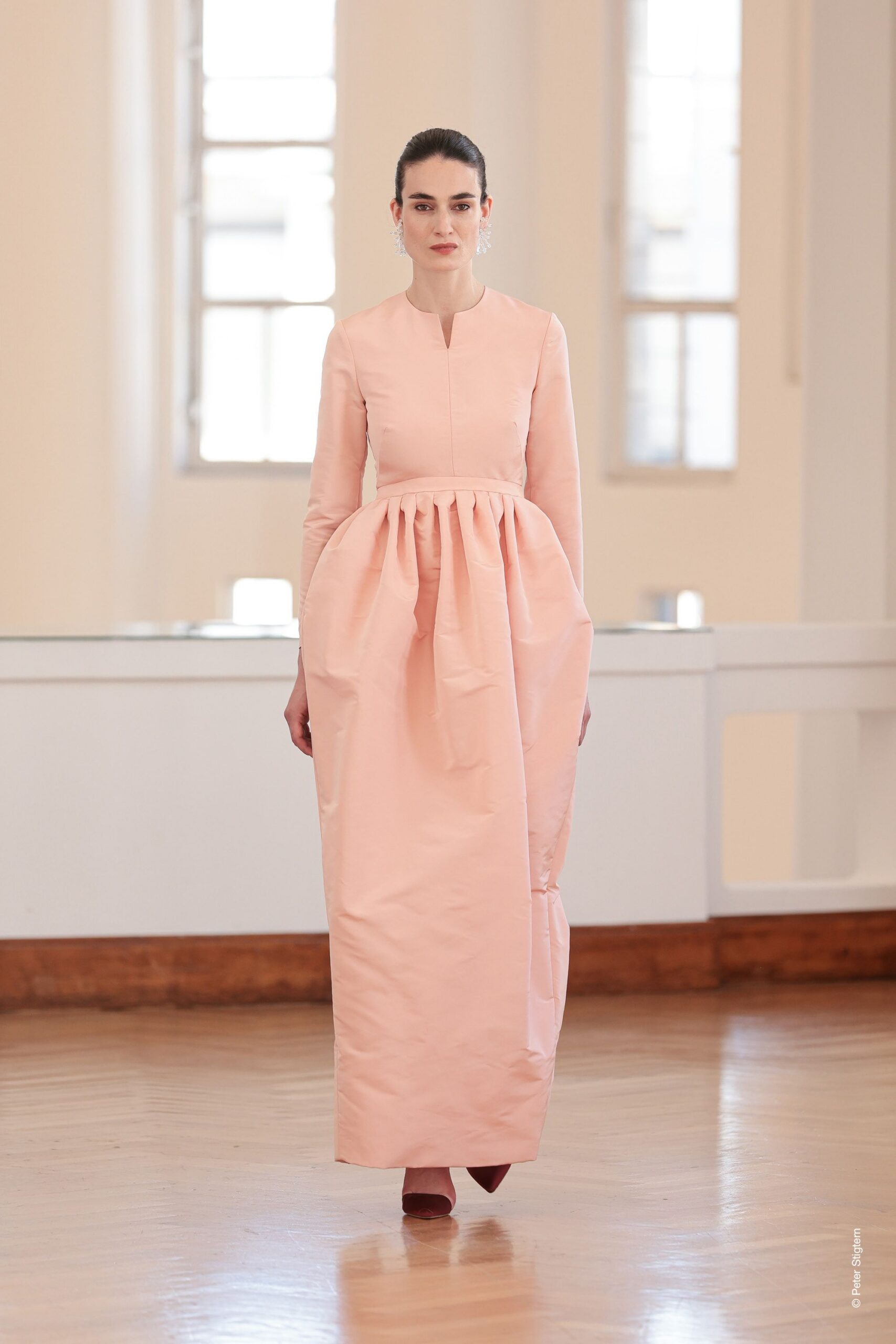 pink cotton long-sleeve collared fitted pleated maxi gown