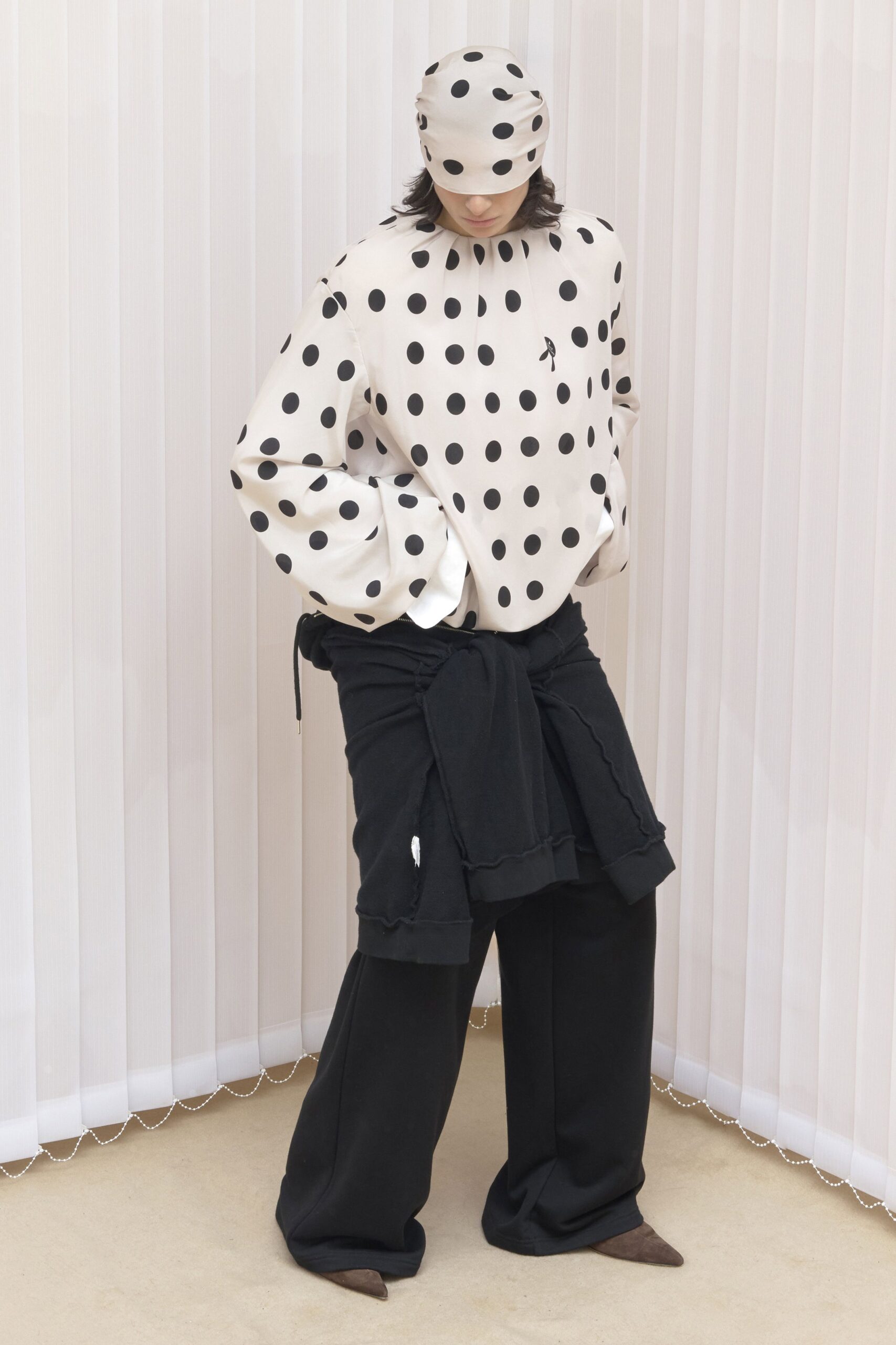 beige cotton long-sleeve collared relaxed polka-dot top