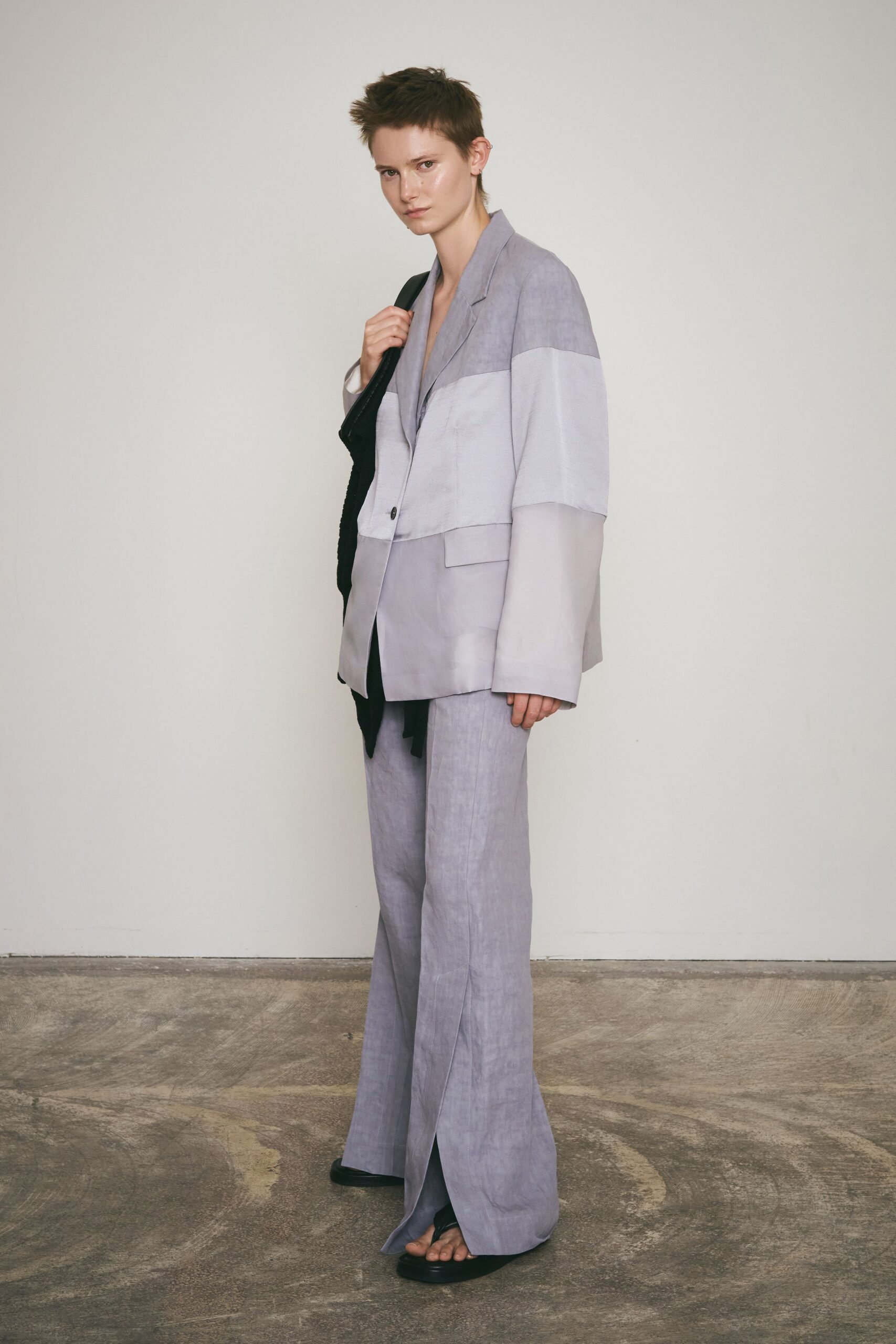gray cotton slit relaxed high-waisted flared pants