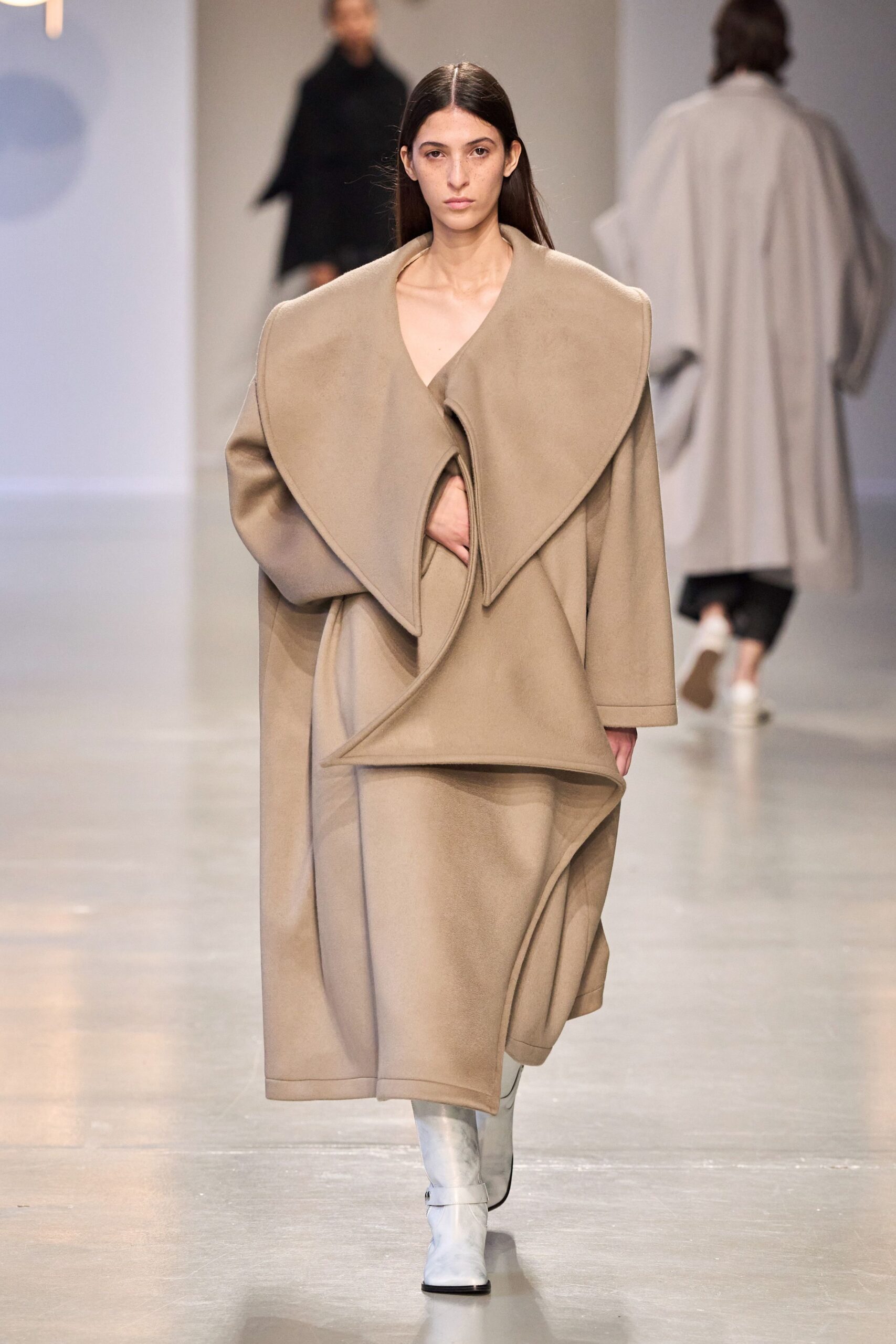 beige wool coat and dress