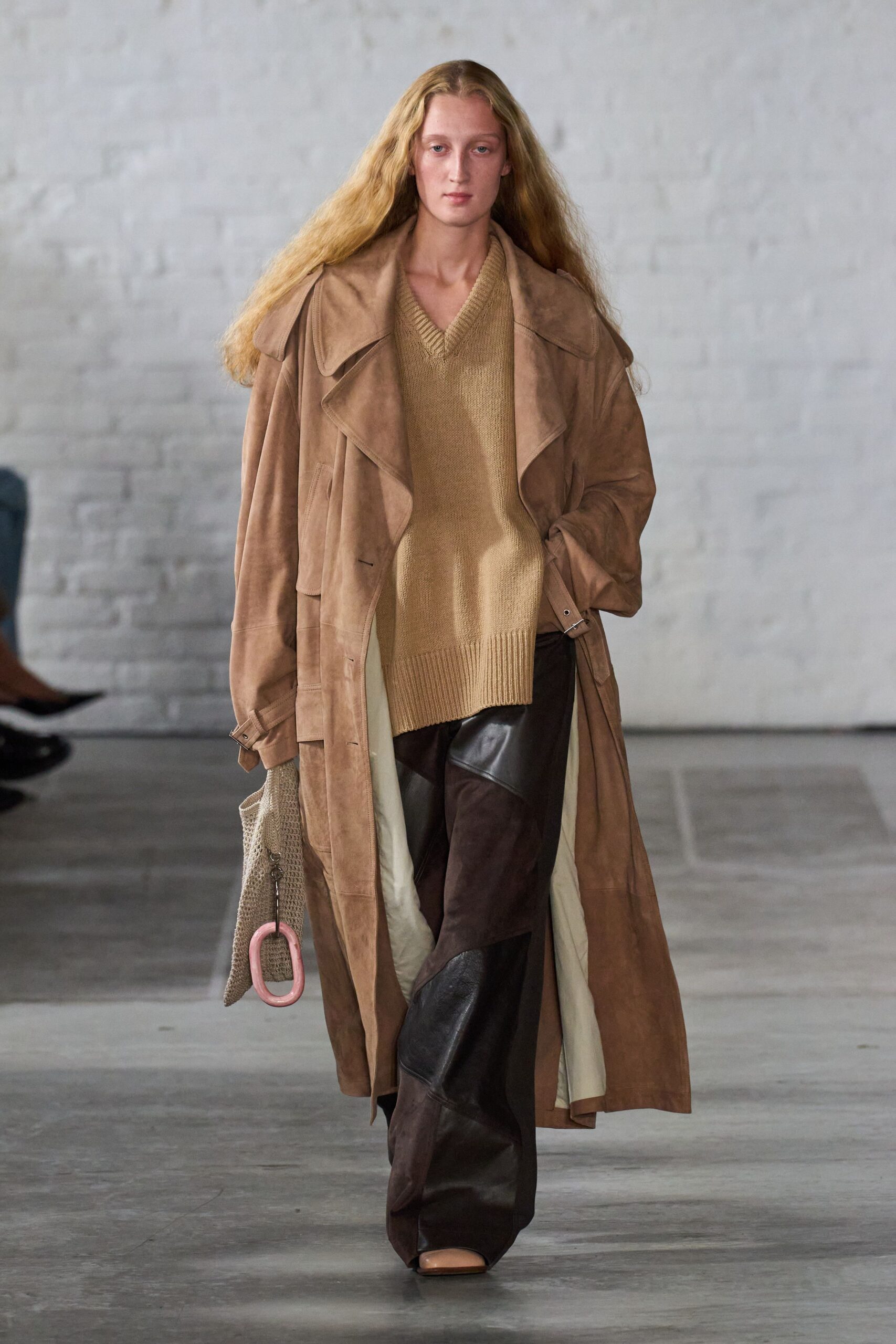 brown suede long-sleeve collared relaxed layered coat