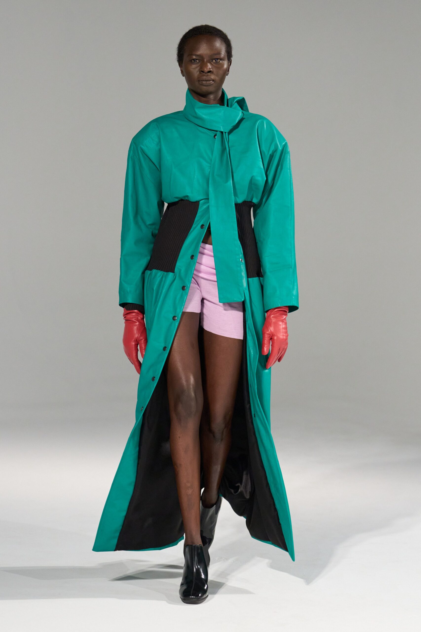 green leather long-sleeve collared relaxed belted maxi coat
