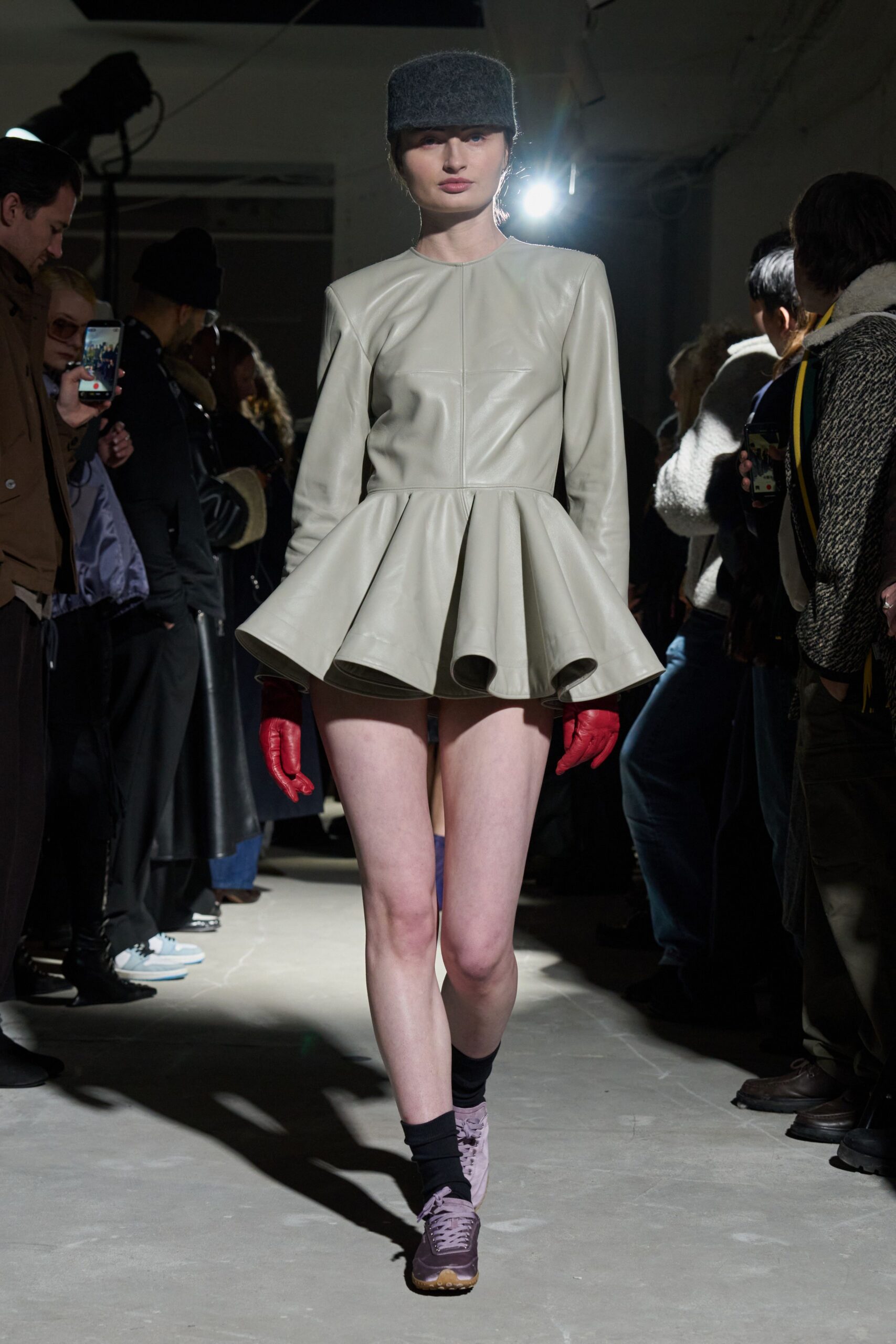 beige leather long-sleeve high-neck fitted pleated mini dress