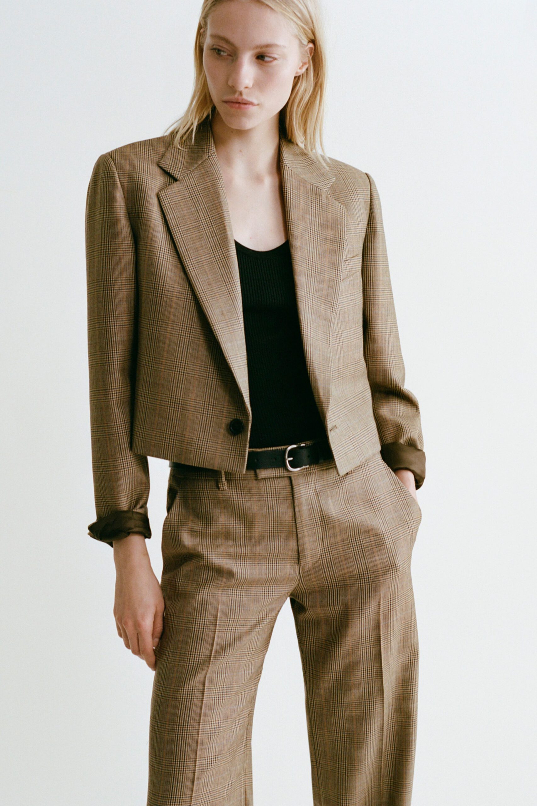 brown checked tailored blazer with black top