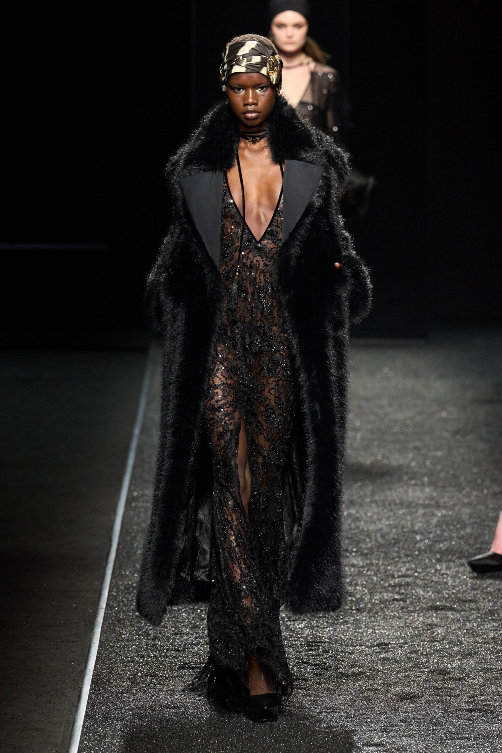 black lace gown with faux-fur coat