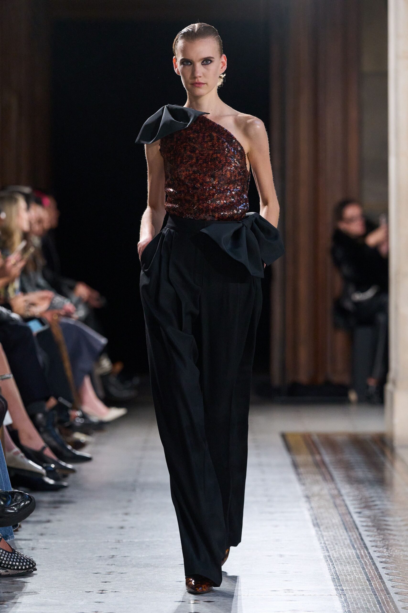 brown silk sleeveless asymmetric fitted ruffled top
