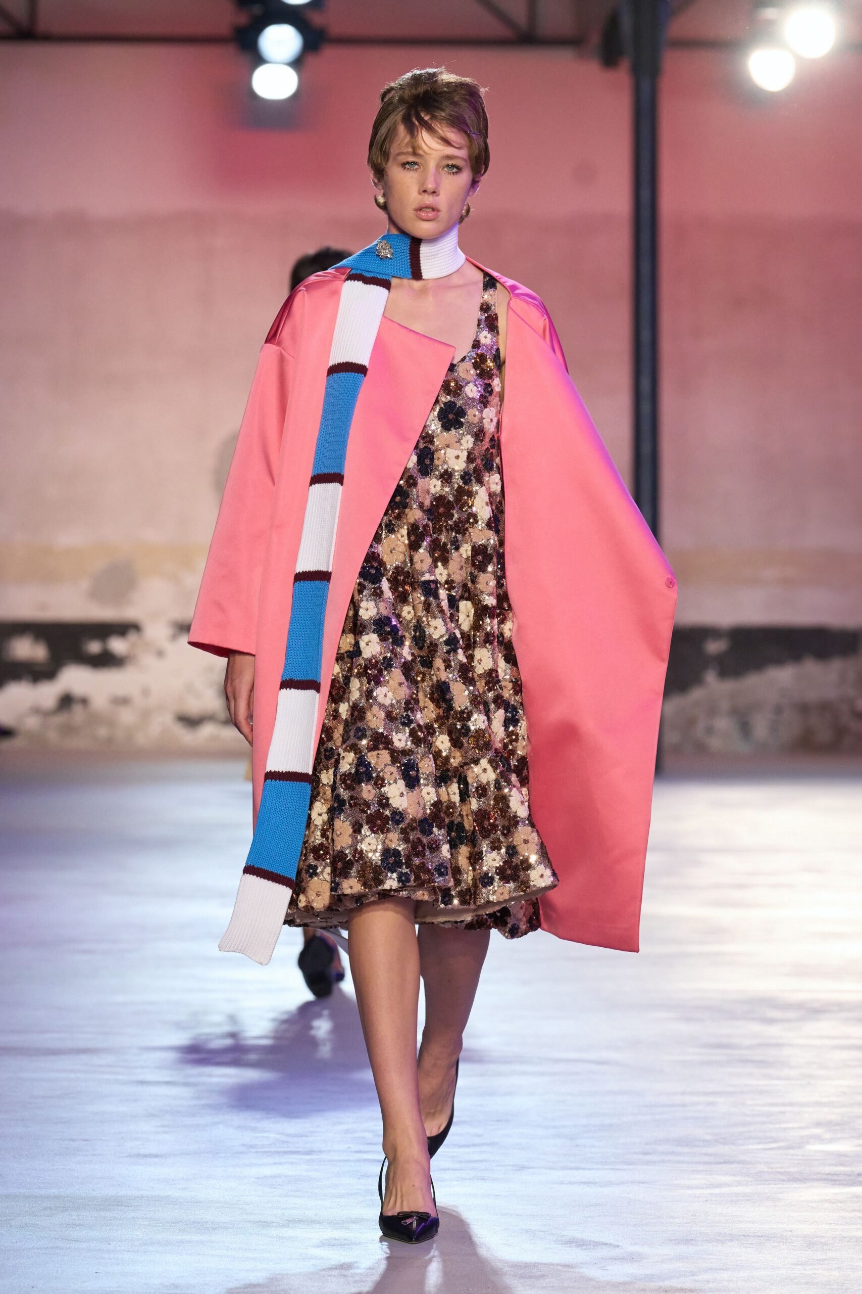 midi dress with pink coat