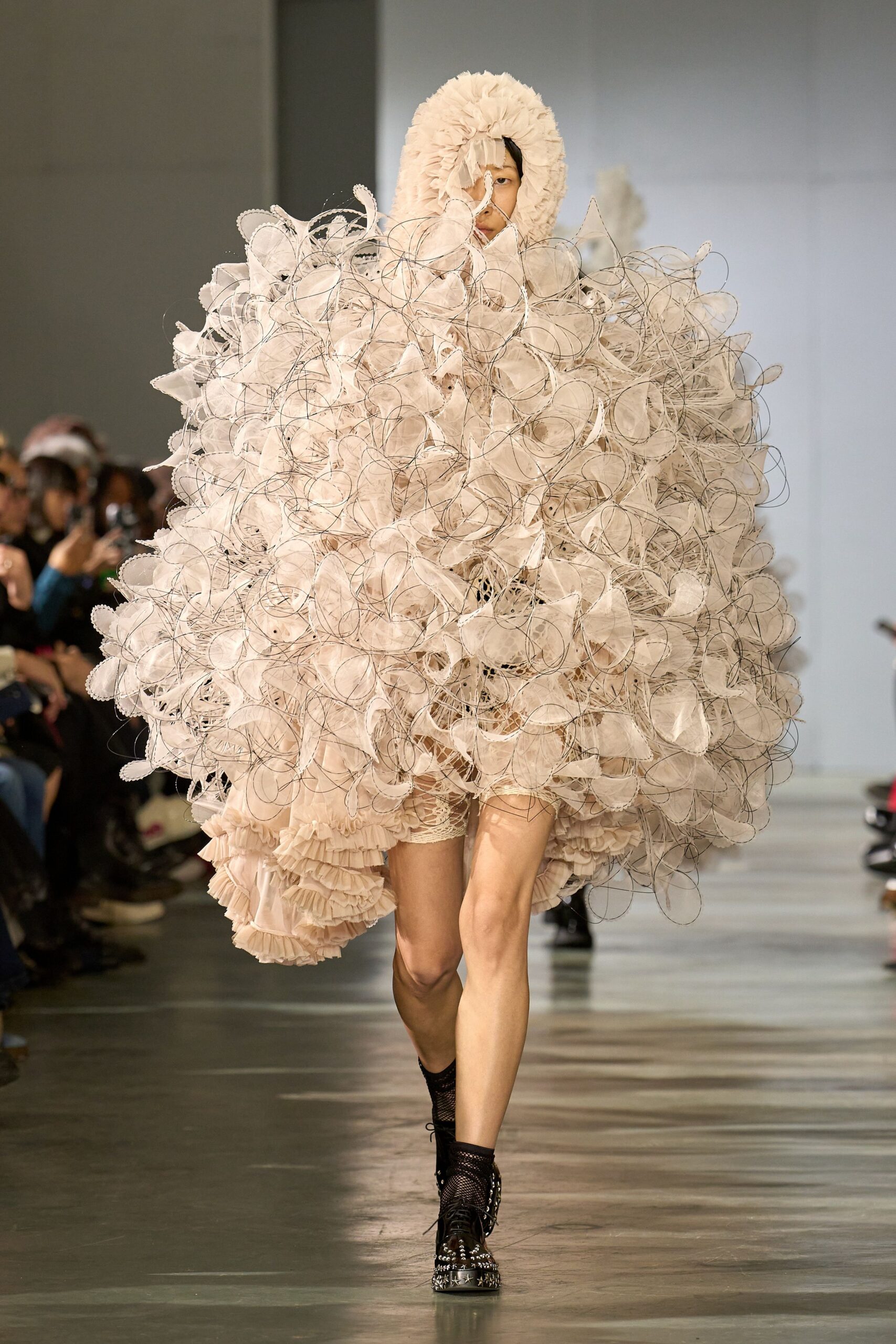 beige tulle sleeveless high-neck oversized ruffled layered dress