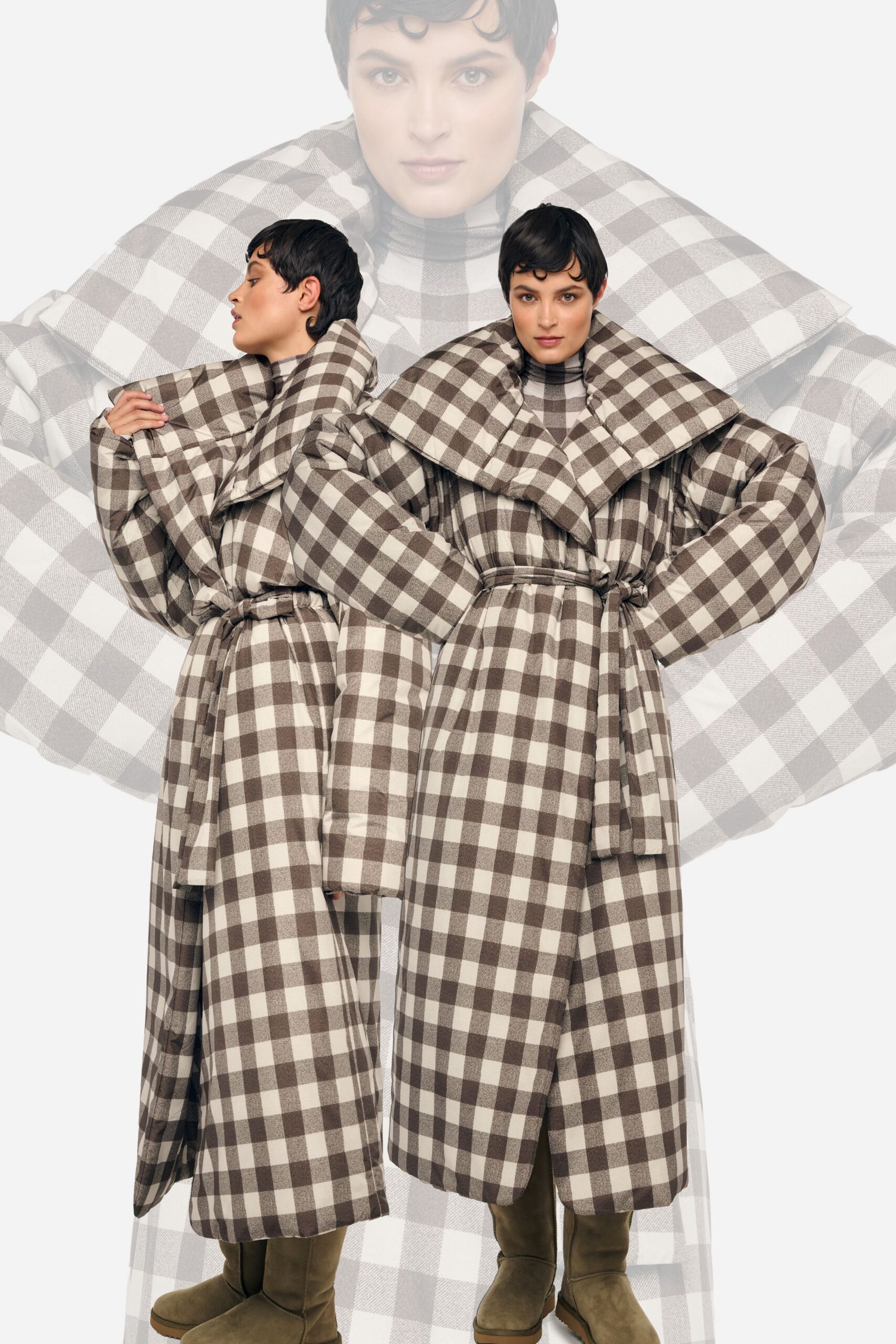 brown wool long-sleeve collared relaxed checked belted coat
