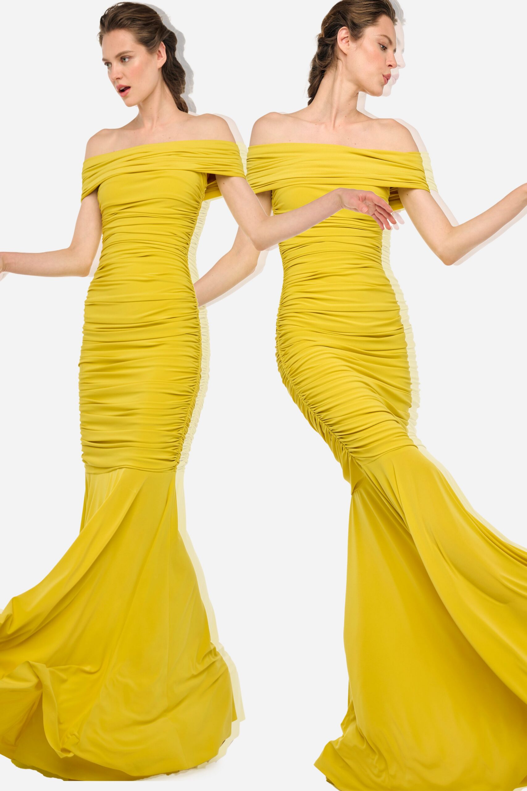 fitted yellow off-shoulder gown
