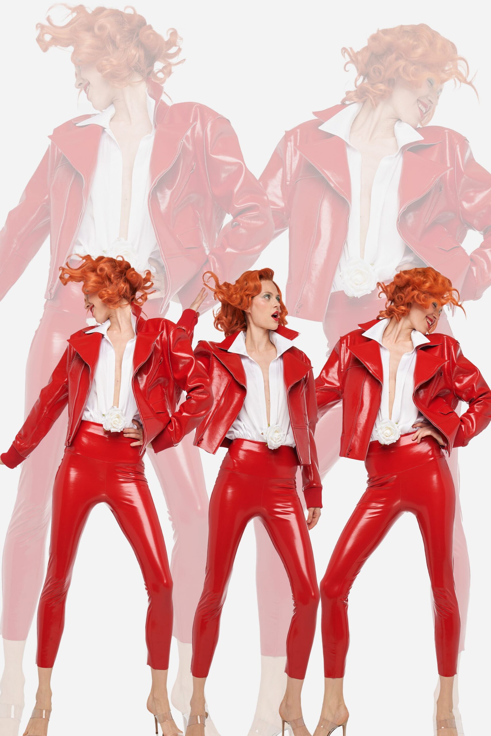 red vinyl long-sleeve collared fitted zippered shiny jacket