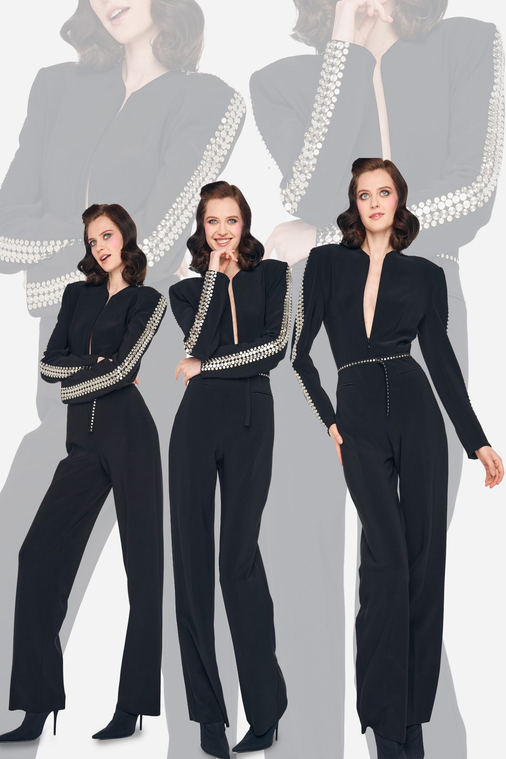 black fitted jumpsuit with beaded details