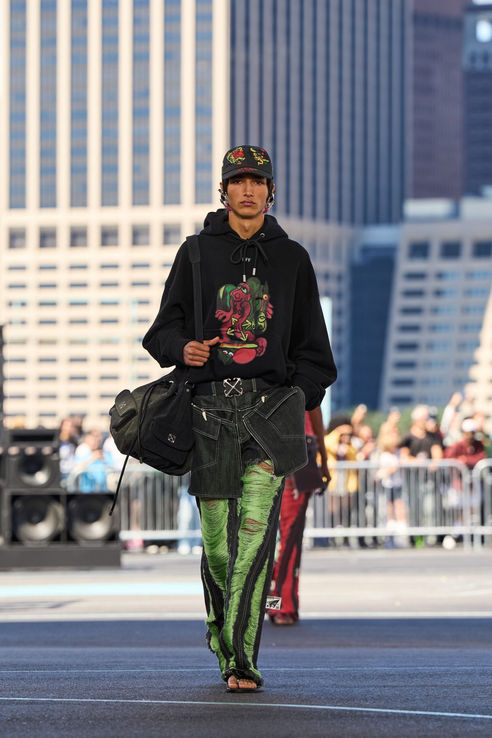 green denim fitted distressed pants