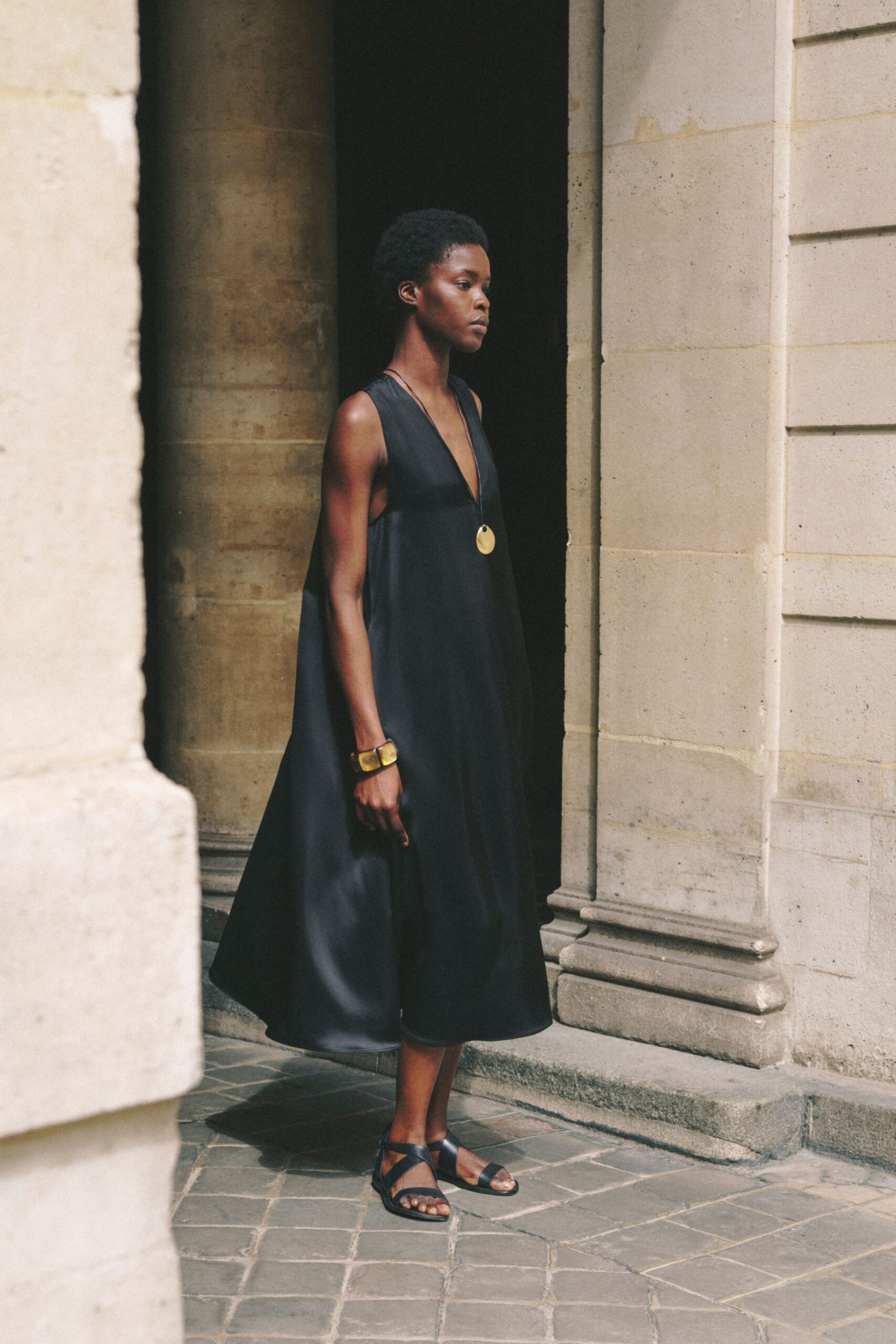 black silk sleeveless midi dress