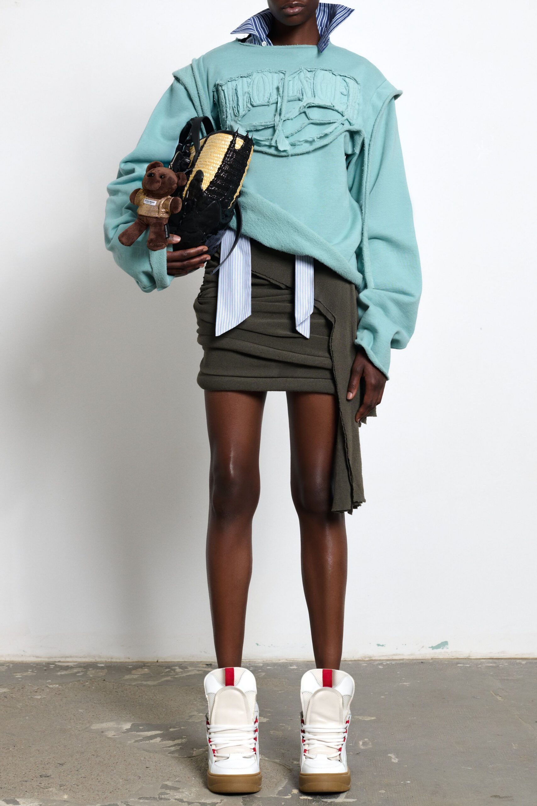 teal cotton long-sleeve collared oversized embroidered sweater