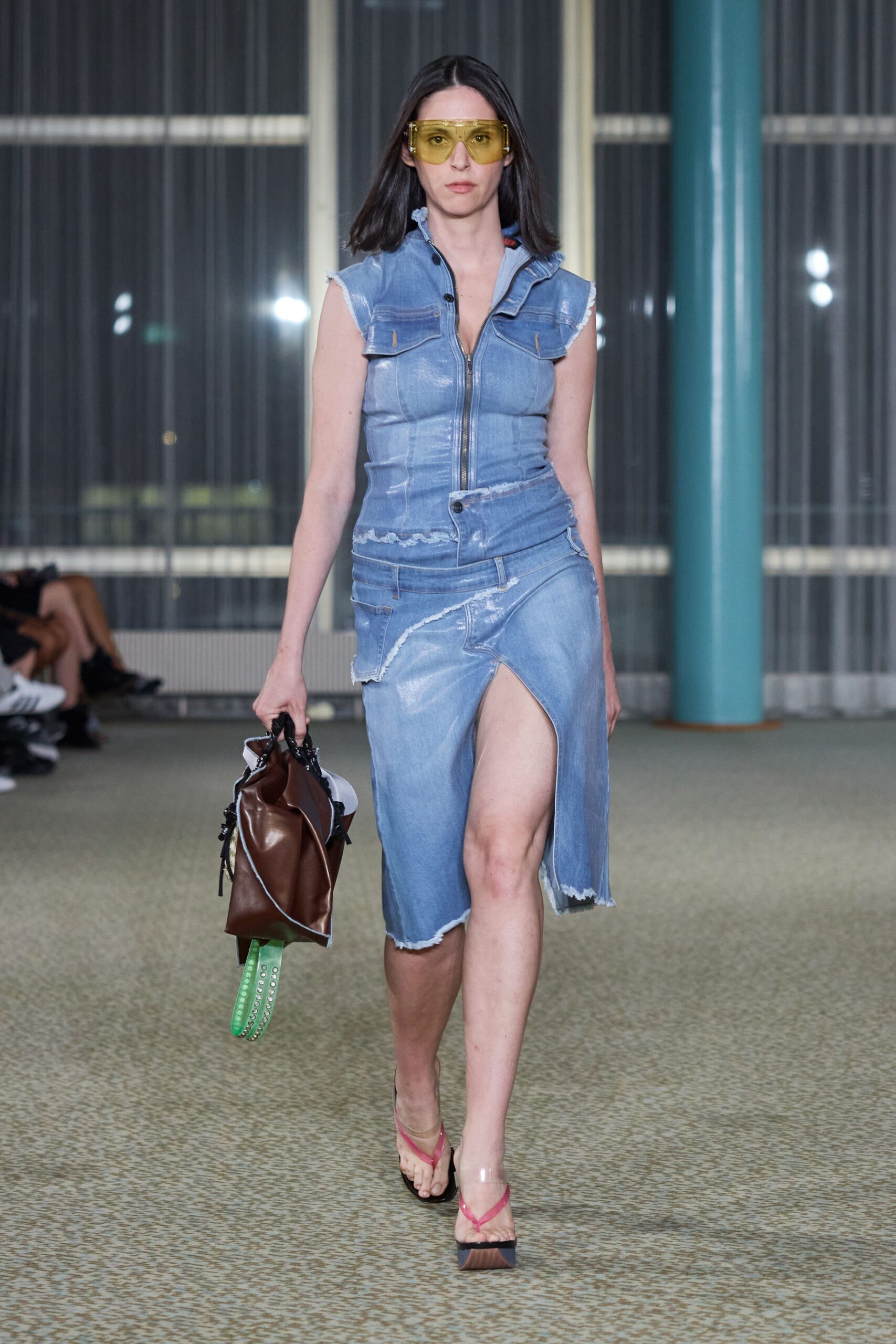 blue denim sleeveless v-neck fitted zippered fringed dress