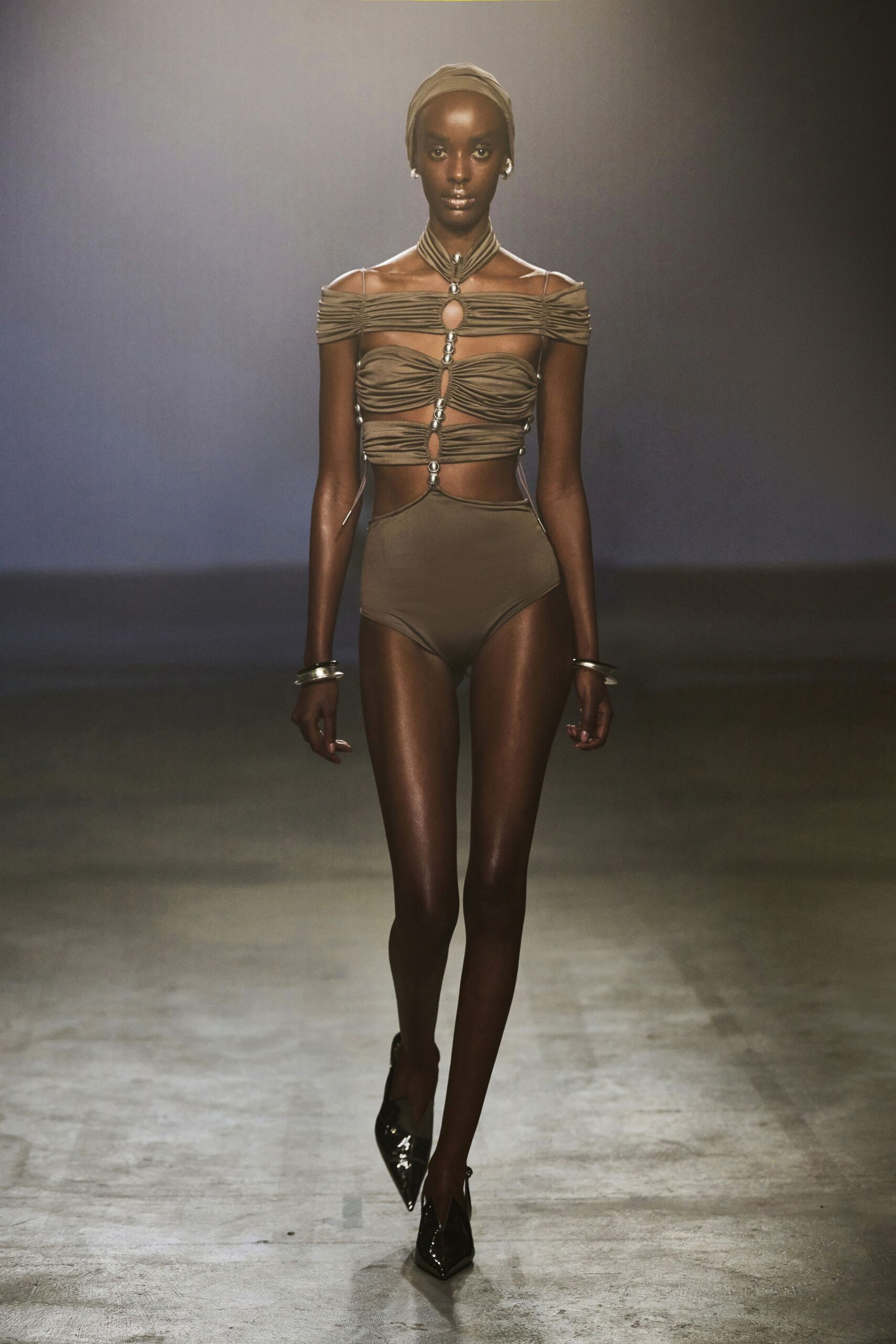 brown silk sleeveless off-shoulder fitted ruched bodysuit