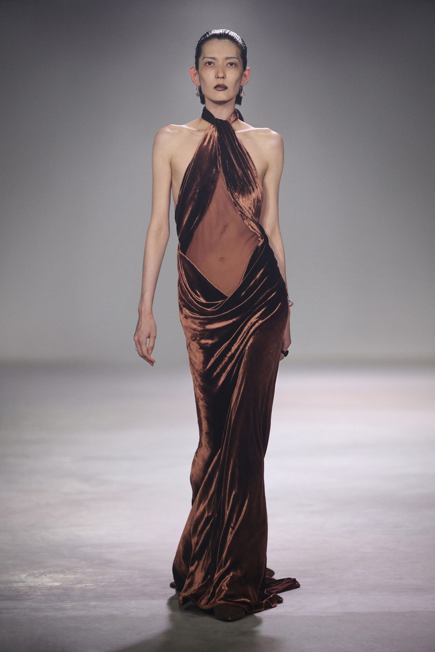 brown velvet sleeveless gown