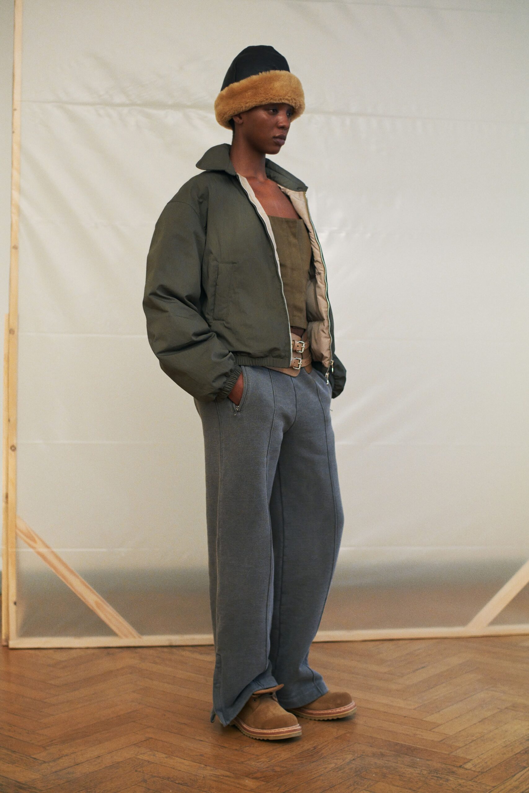 green relaxed jacket with brown top