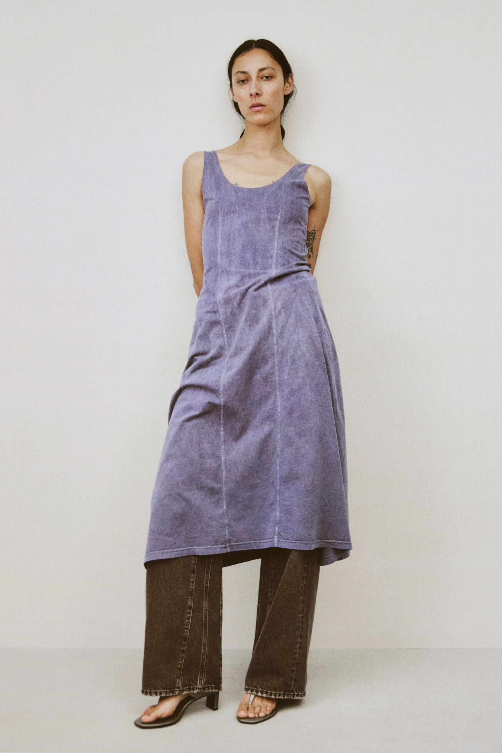 purple cotton midi dress with brown pants