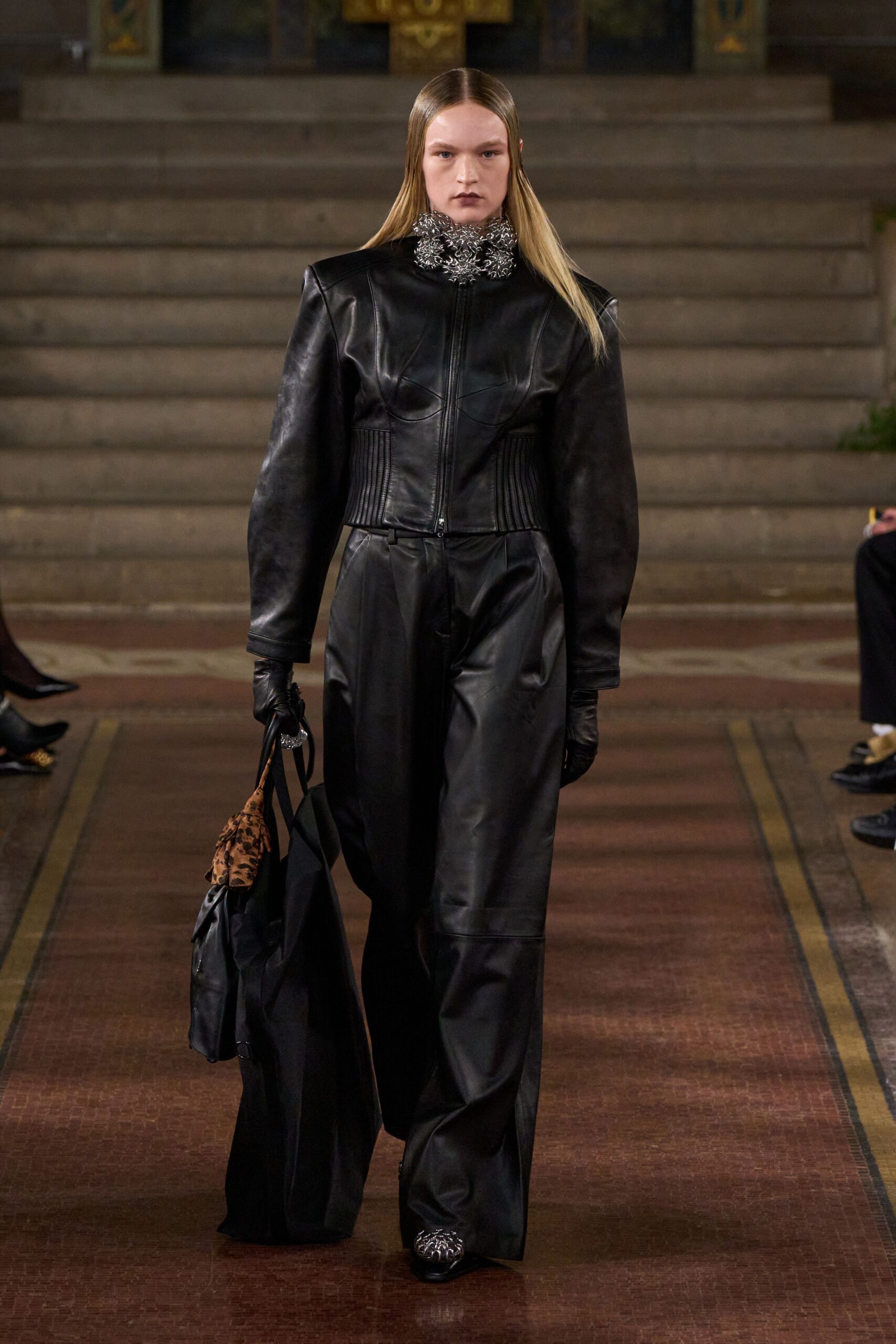 black leather long-sleeve collared fitted zippered wide-leg jumpsuit