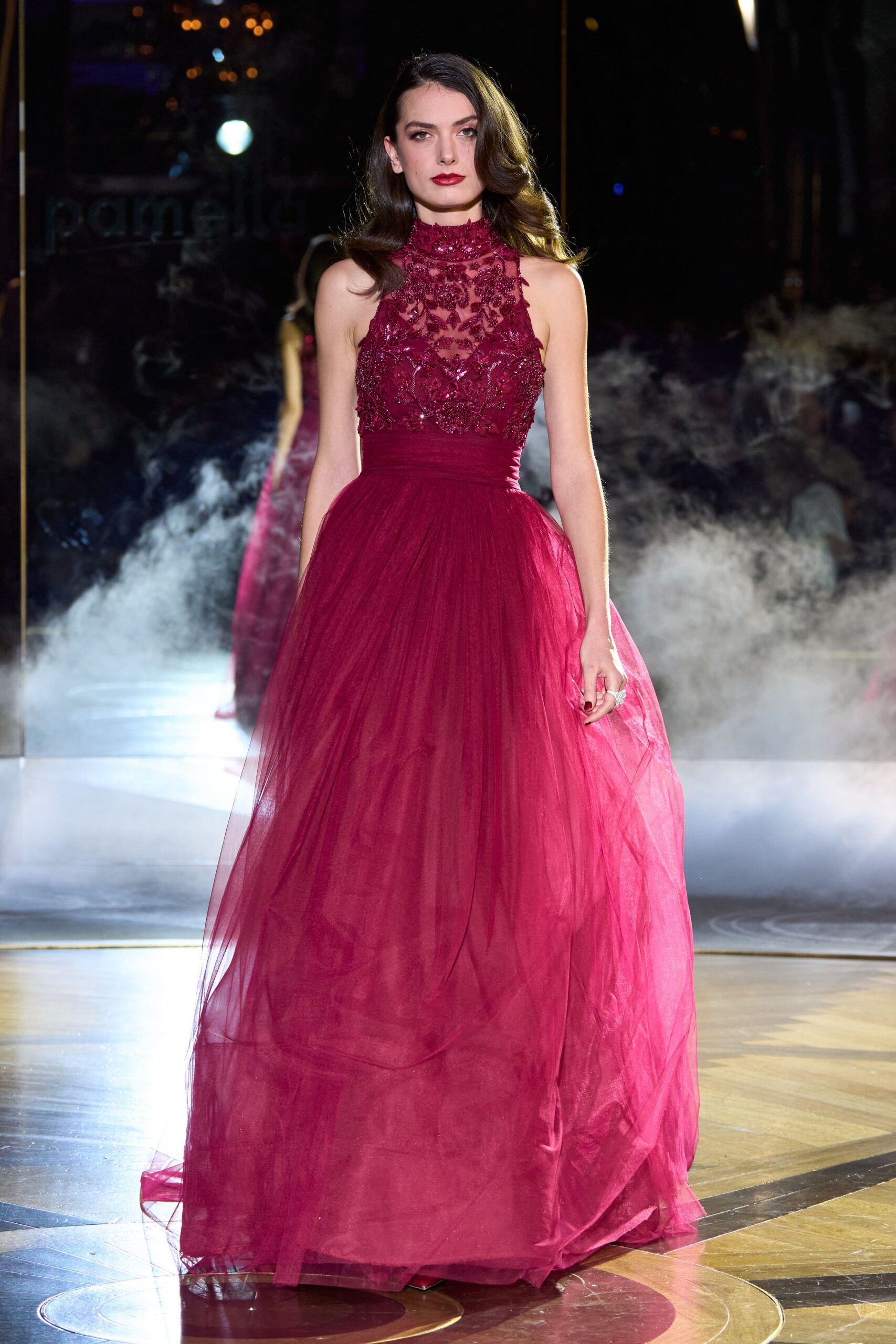 red embroidered sleeveless gown