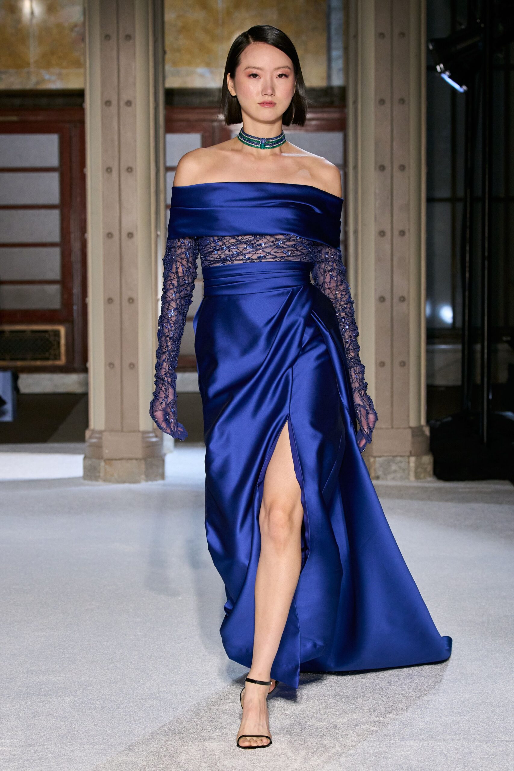 blue silk off-shoulder long-sleeve fitted layered flowing gown