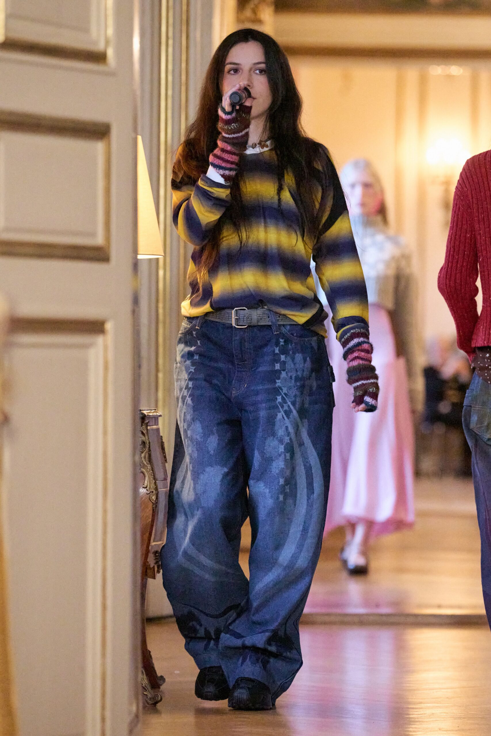 yellow cotton long-sleeve collared relaxed striped top