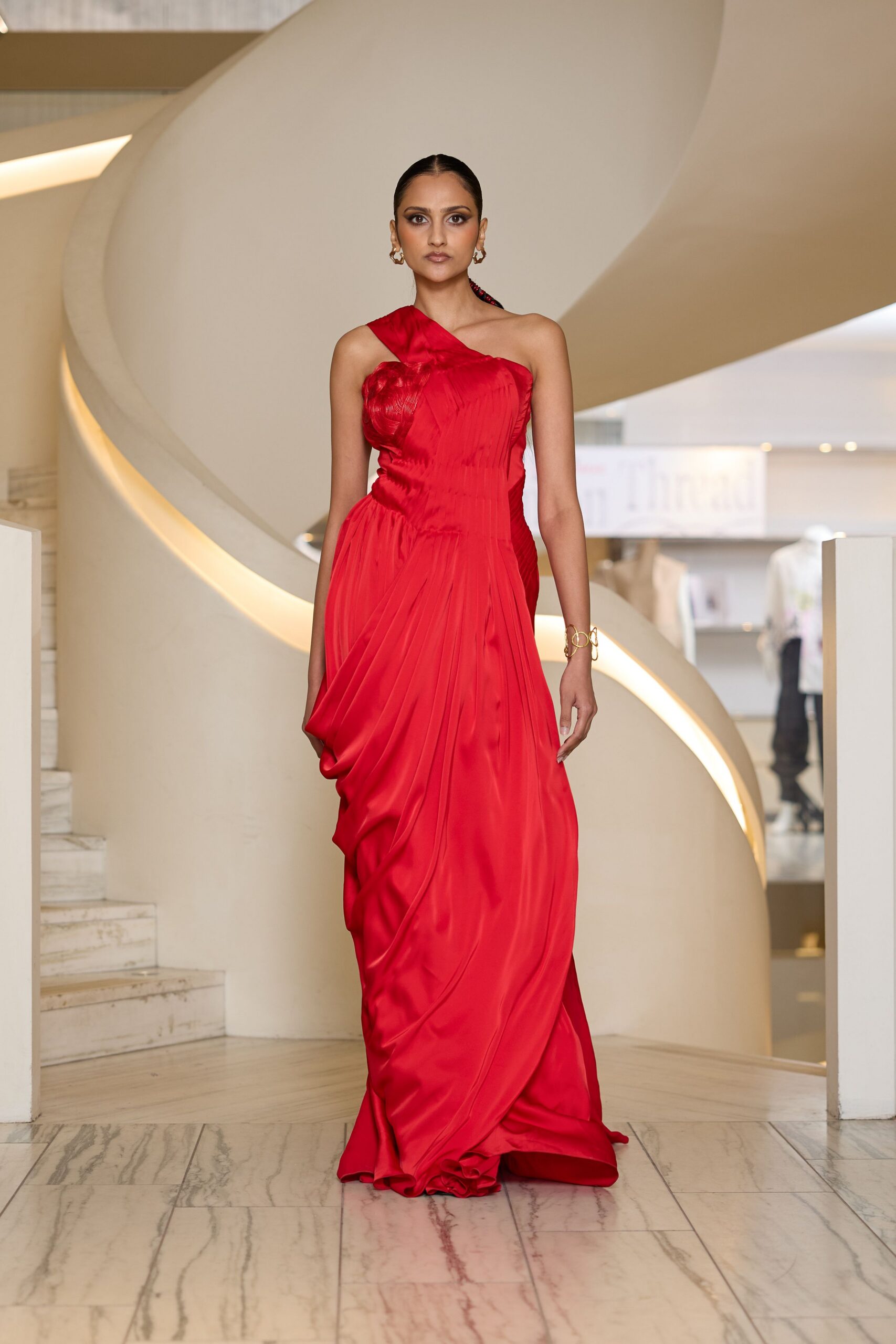 red silk asymmetric gown