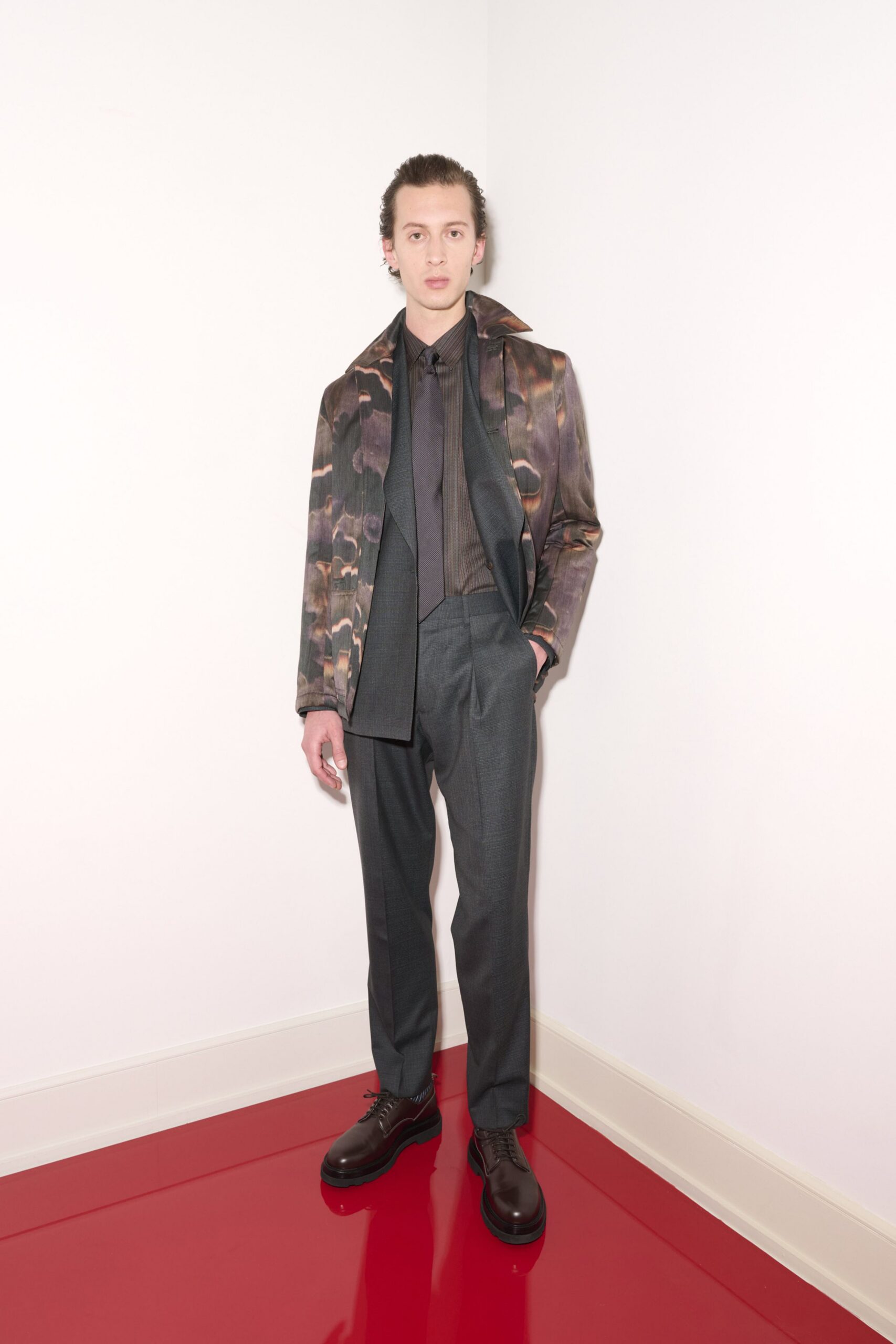 multi leather long-sleeve collared structured printed jacket