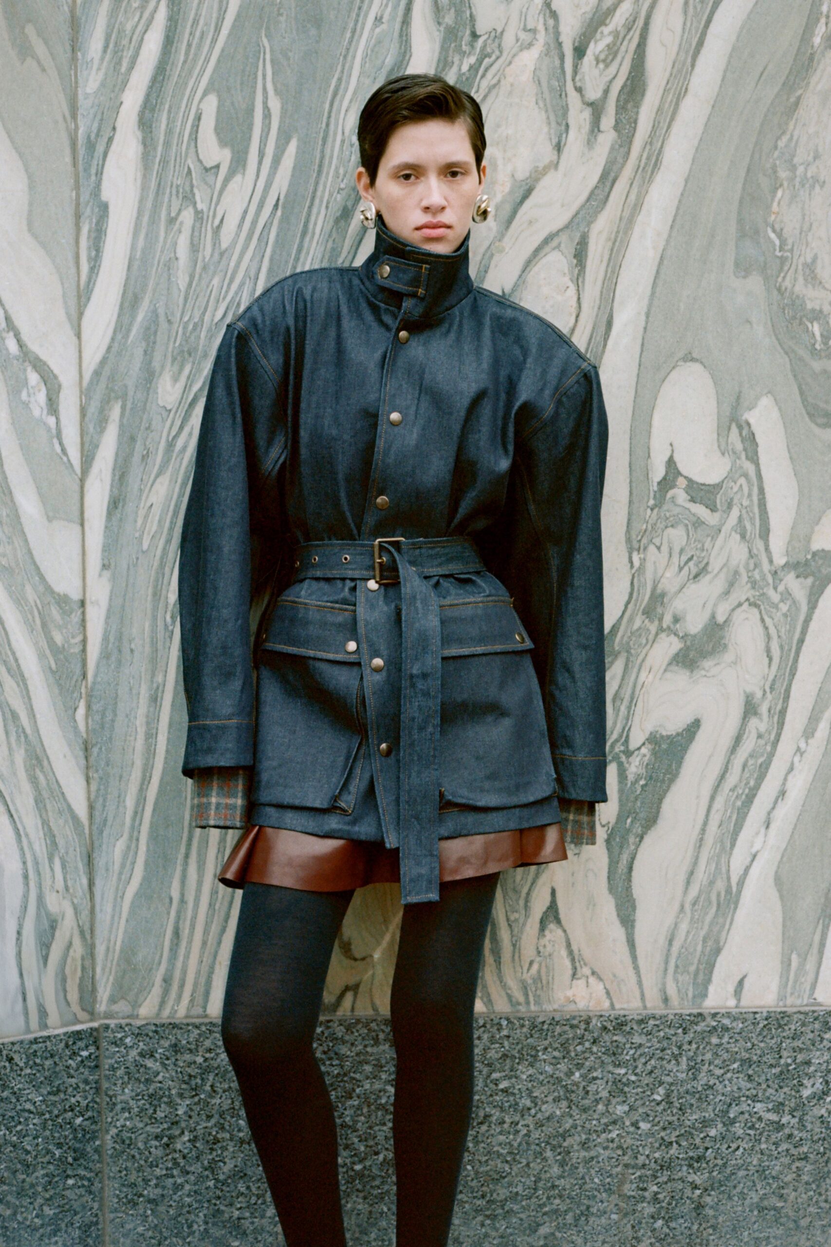 blue denim long-sleeve collared oversized buttoned belted jacket
